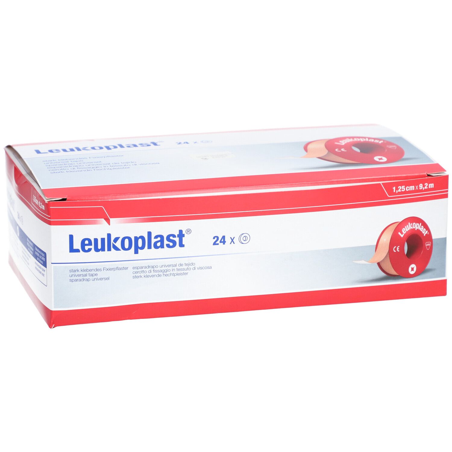 Verpackung von Leukoplast® Spradrap universel. Enthält 24 Rollen. Größe: 1,25 cm x 9,2 m. Verpackung mit Produktlogo und Rollenansicht.