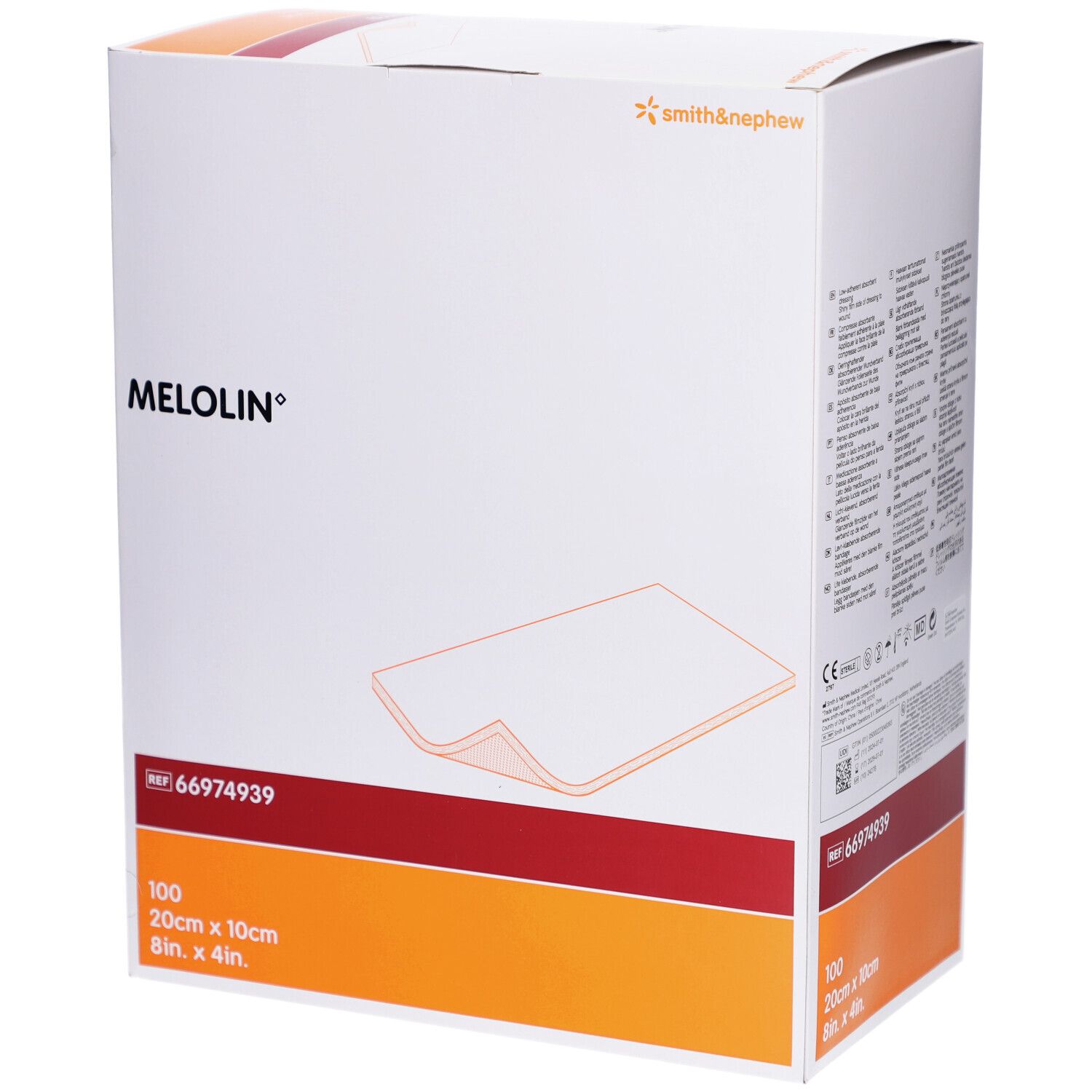 Boîte de compresses Melolin. Marque Smith & Nephew. 100 pièces, 20cm x 10cm. Accents rouges et orange.