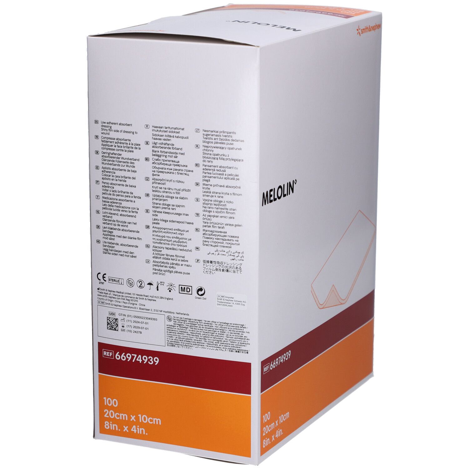 Boîte de compresses Melolin. Marque Smith & Nephew. 100 pièces, 20cm x 10cm. Vue détaillée avec texte.