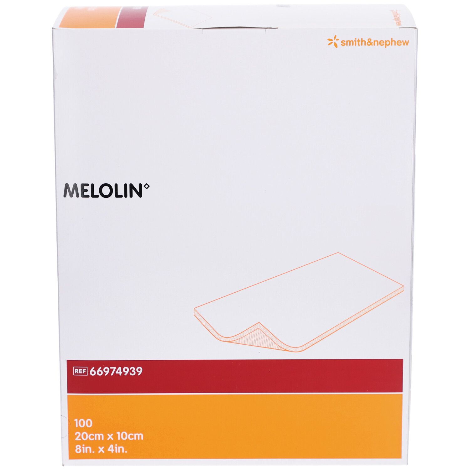 Boîte de compresses Melolin. Marque Smith & Nephew. 100 pièces, 20cm x 10cm. Vue simple.