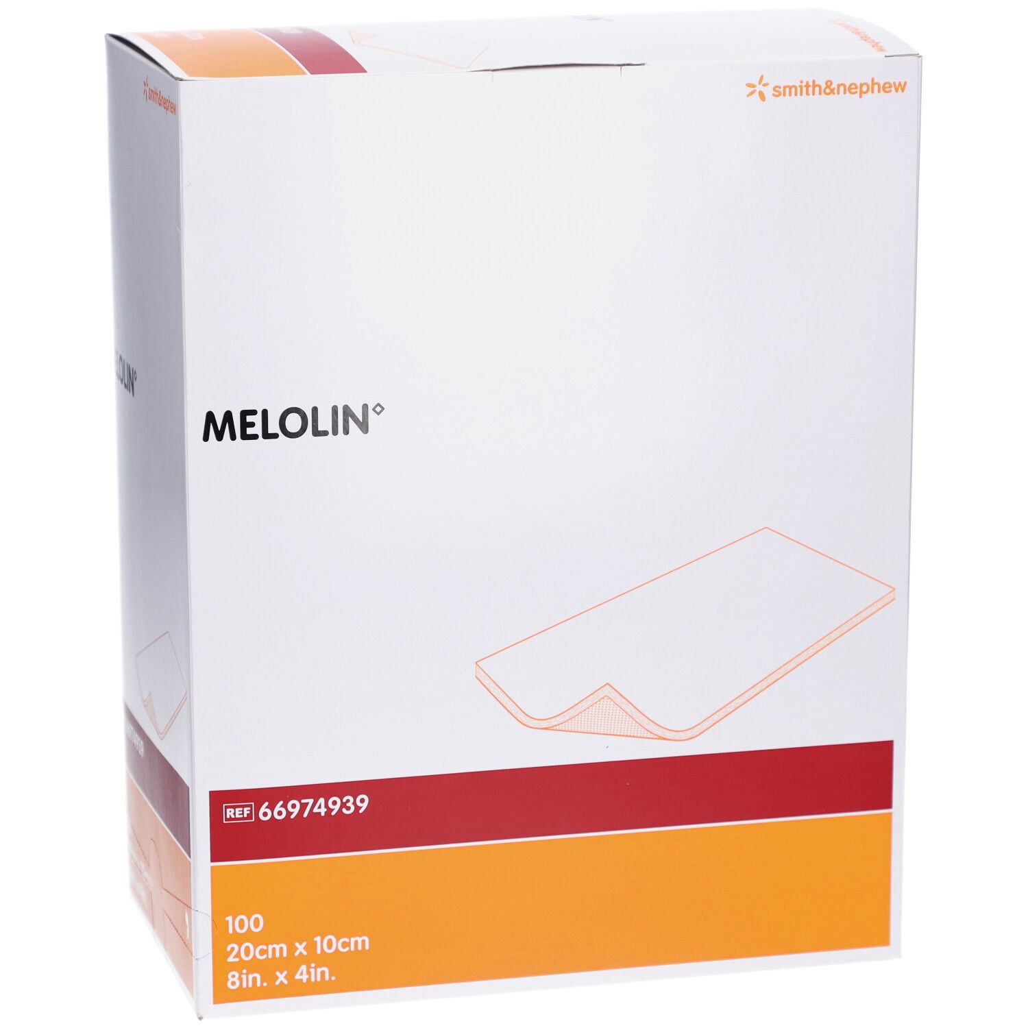 Boîte de compresses Melolin. Marque Smith & Nephew. 100 pièces, 20cm x 10cm. Vue perspective.