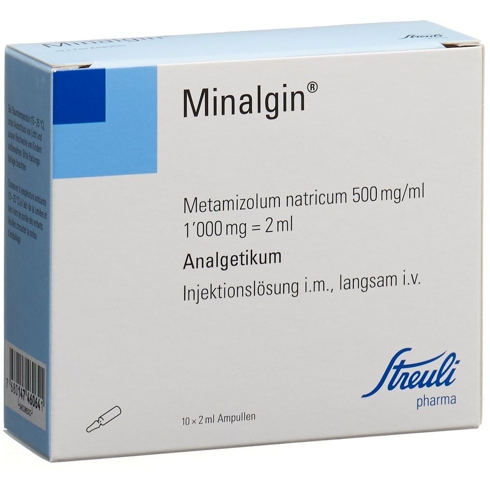 Boîte de Minalgin. Contient Metamizolum natricum. 10 ampoules de 2 ml. Logo Streuli pharma.