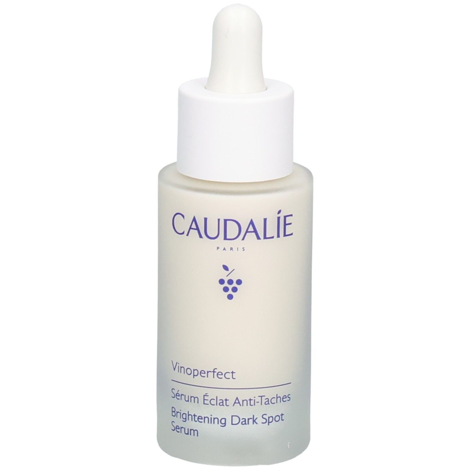 Weißes Serumfläschchen mit Pipette. Aufschrift CAUDALIE, Vinoperfect, Serum Éclat Anti-Taches, Brightening Dark Spot Serum.