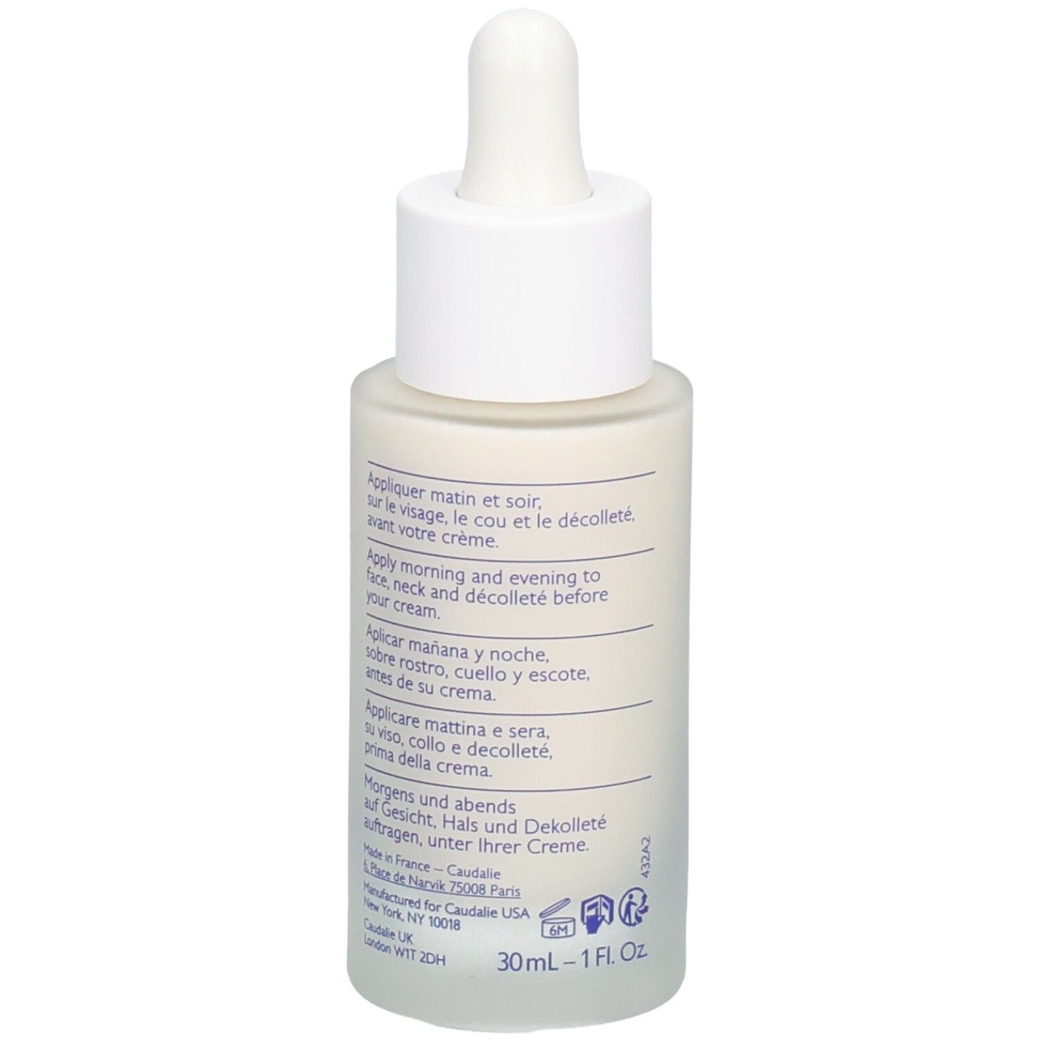 Rückansicht eines weißen Serumfläschchens mit Pipette. Text in mehreren Sprachen, darunter Deutsch und Englisch.