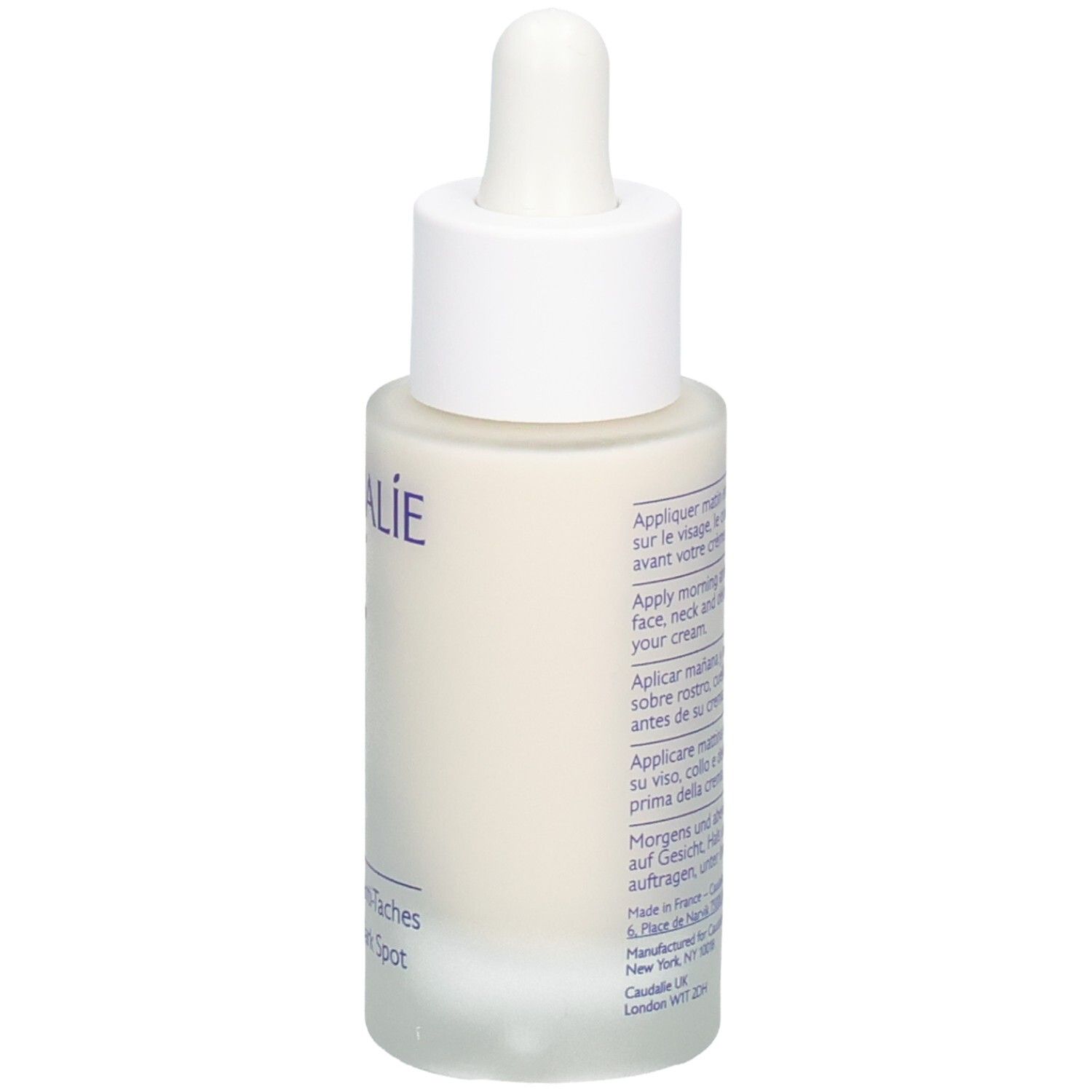 Serumflasche, Rückansicht. Aufschrift: CAUDALIE, Vinoperfect, Sérum Éclat Anti-Taches, Brightening Dark Spot Serum. Text in mehreren Sprachen.