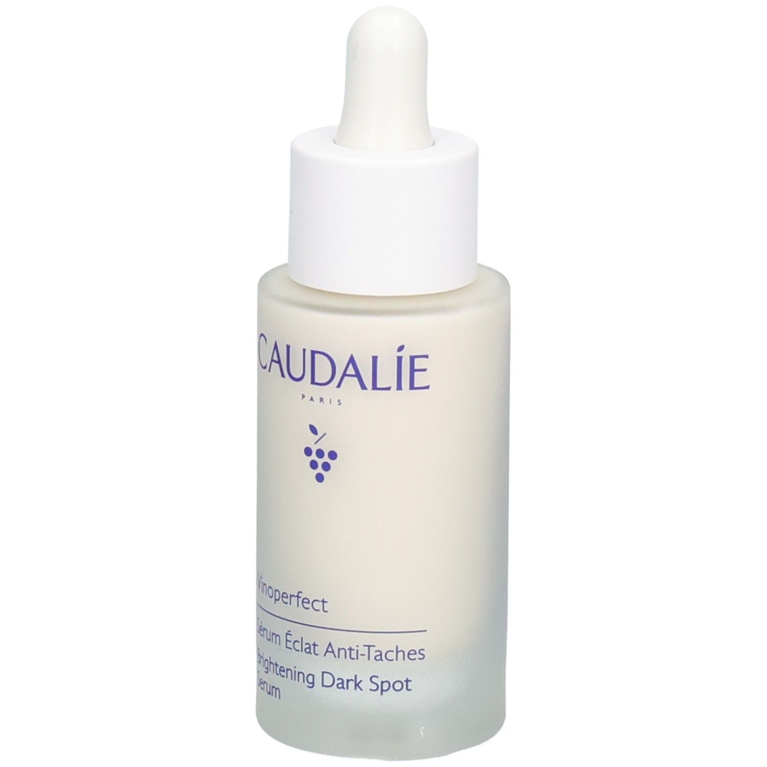 Weißes Serumfläschchen mit Pipette. Aufschrift CAUDALIE, Vinoperfect, Serum Éclat Anti-Taches, Brightening Dark Spot Serum.