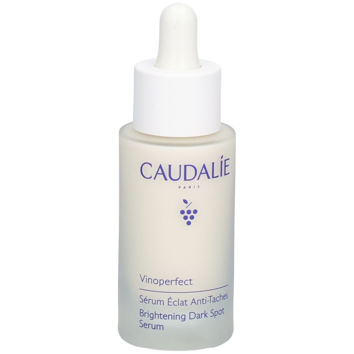 Serumflasche mit weißem Deckel und Pipette. Aufschrift: CAUDALIE, Vinoperfect, Sérum Éclat Anti-Taches, Brightening Dark Spot Serum.
