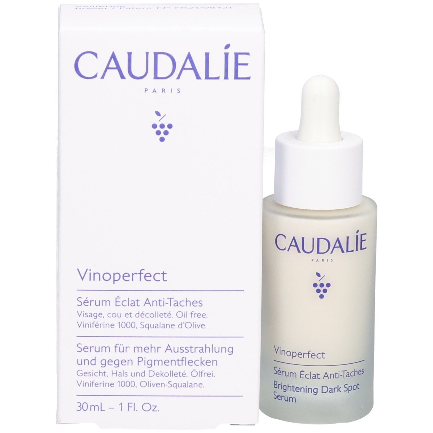 Serumflasche und Verpackung. Aufschrift: CAUDALIE, Vinoperfect, Sérum Éclat Anti-Taches, Brightening Dark Spot Serum. Verpackung mit Text.