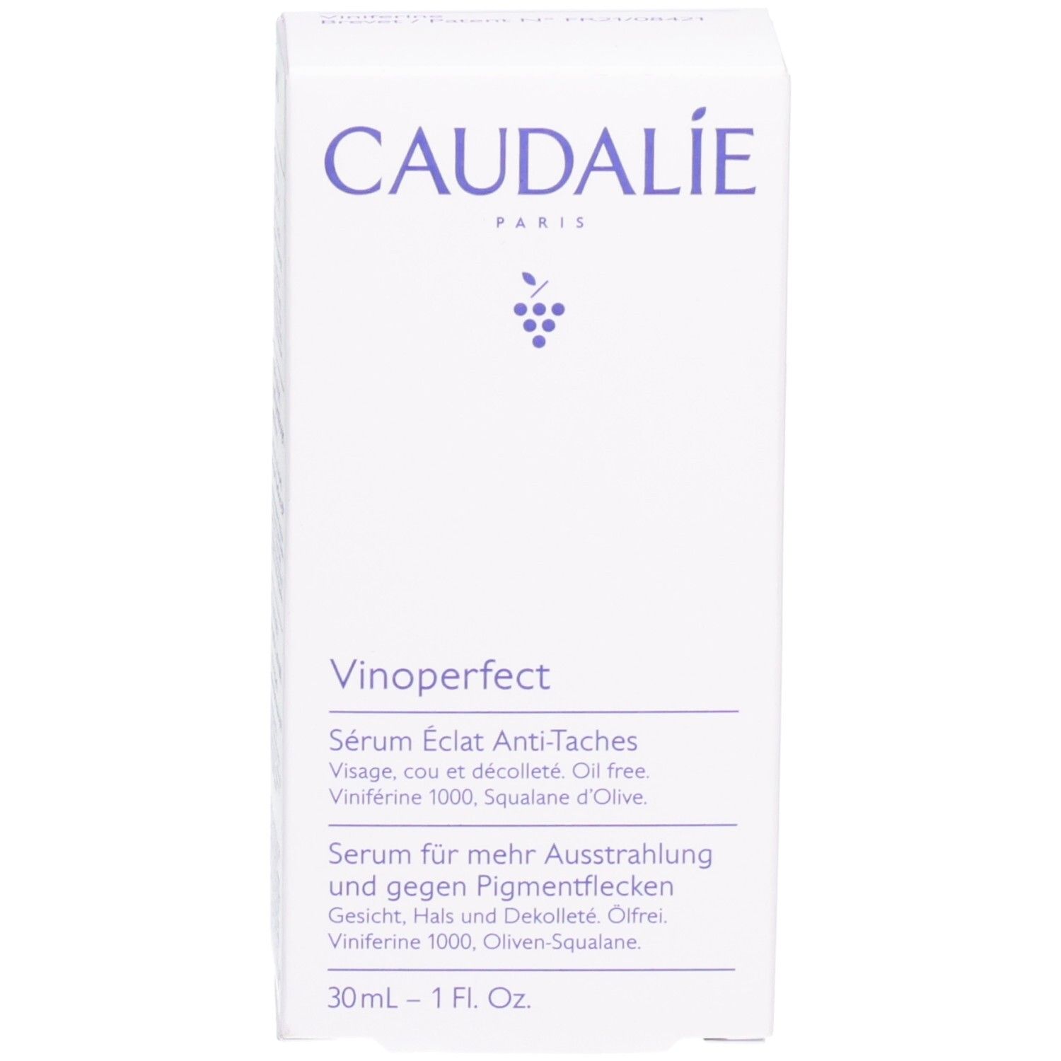 Verpackung. Aufschrift: CAUDALIE, Vinoperfect, Sérum Éclat Anti-Taches, Brightening Dark Spot Serum. Text in mehreren Sprachen.