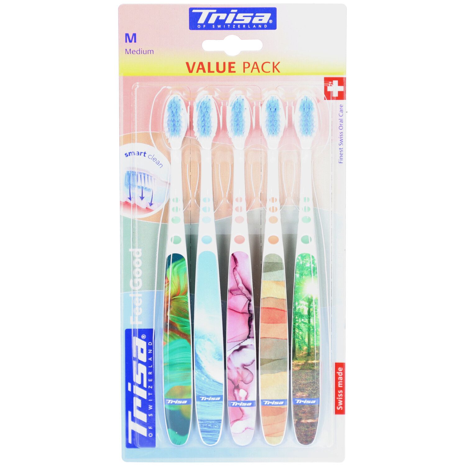 Zahnbürsten-Packung mit 5 Stück. Weiße Griffe mit farbigen Mustern, blaue Borsten. "M" und "Value Pack" auf der Verpackung.