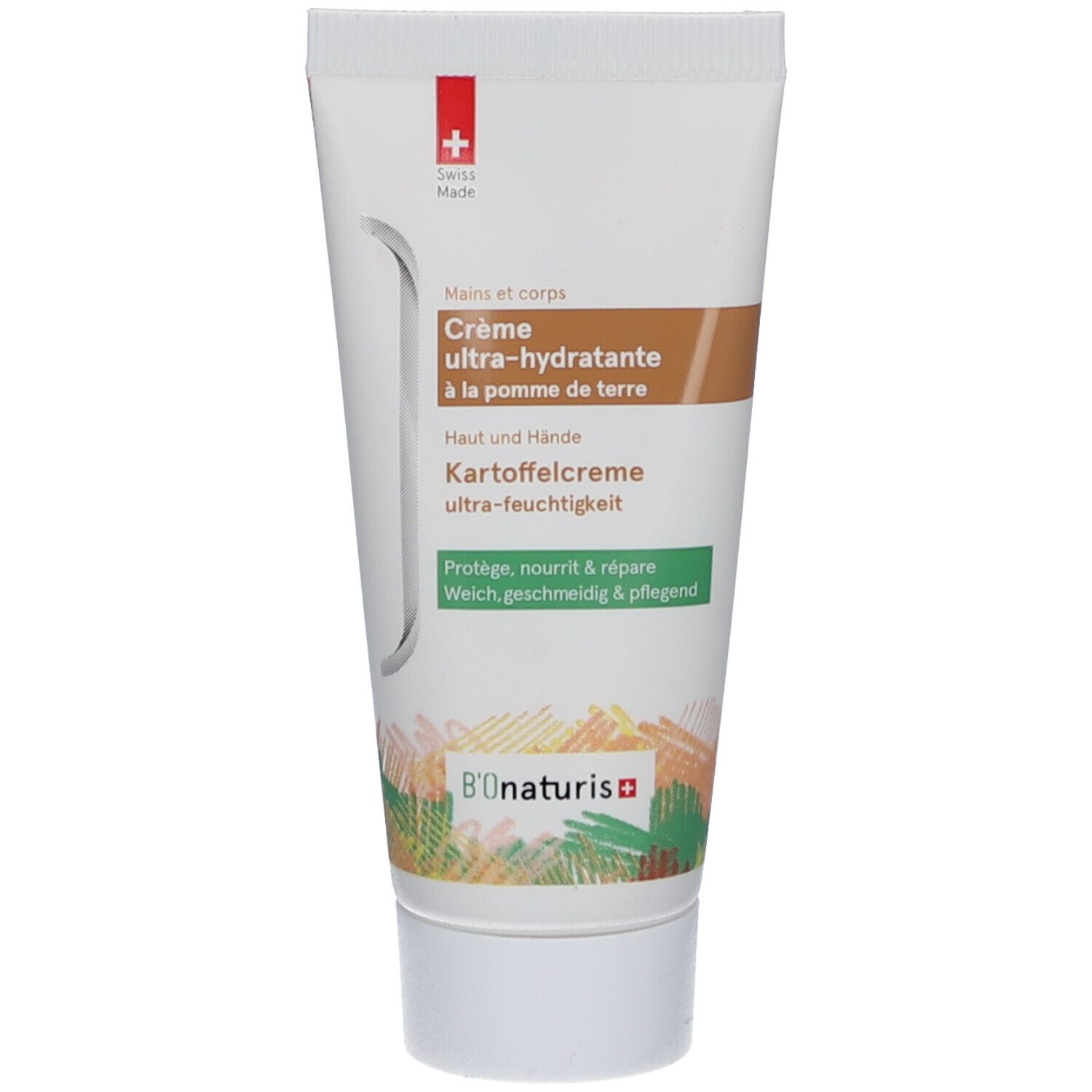Tube de crème. Inscription "Crème ultra-hydratante à la pomme de terre". Logo Swiss Made. Texte en allemand et français.