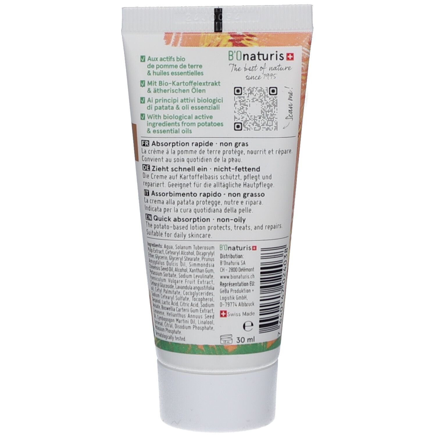 Dos du tube de crème. Textes en allemand, français, italien et anglais. Code QR. Logo "B'onaturis". Contenance 50 ml.