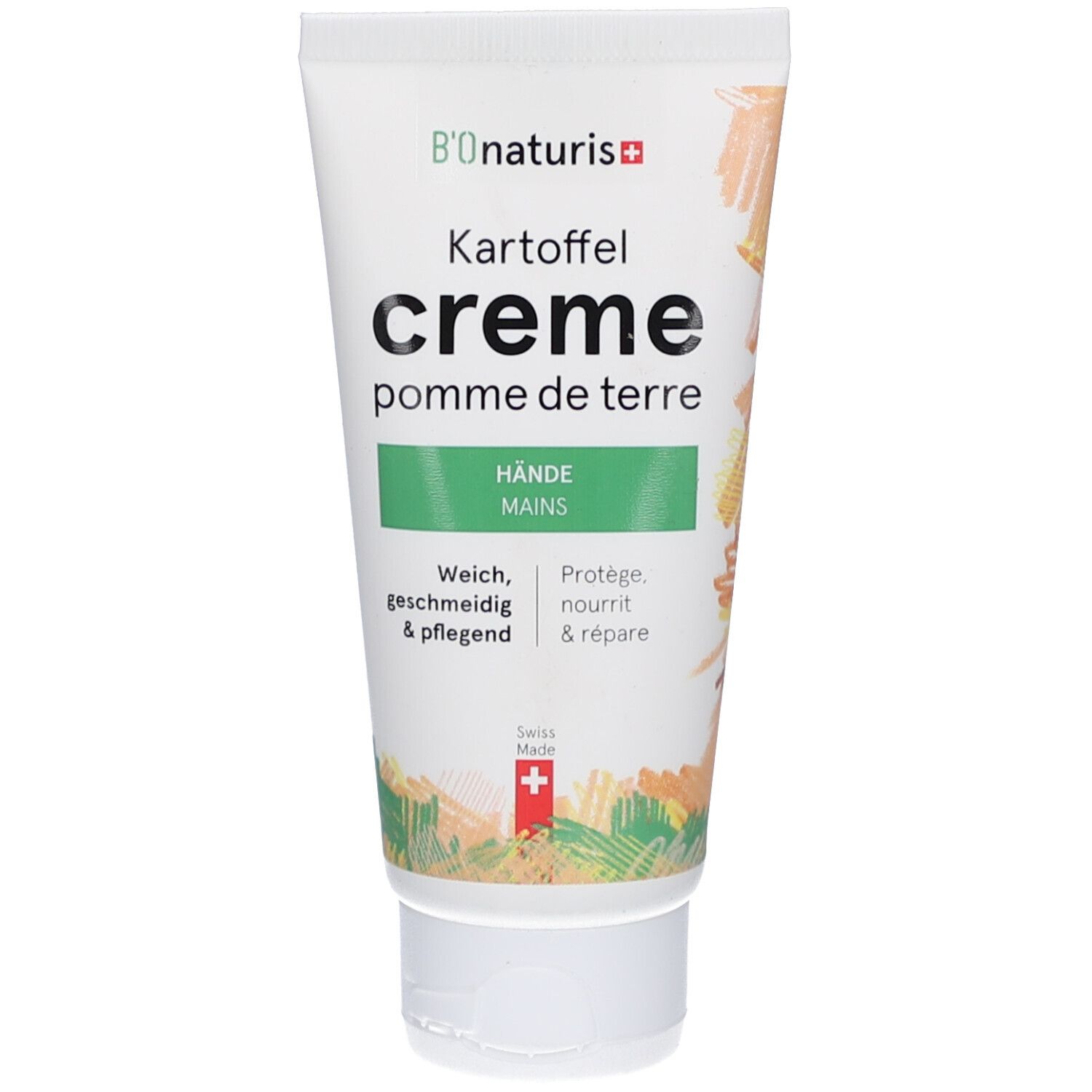 Tube de crème avec bouchon blanc. Inscription: Kartoffel creme, Hände Mains. Vert et blanc. Croix suisse.