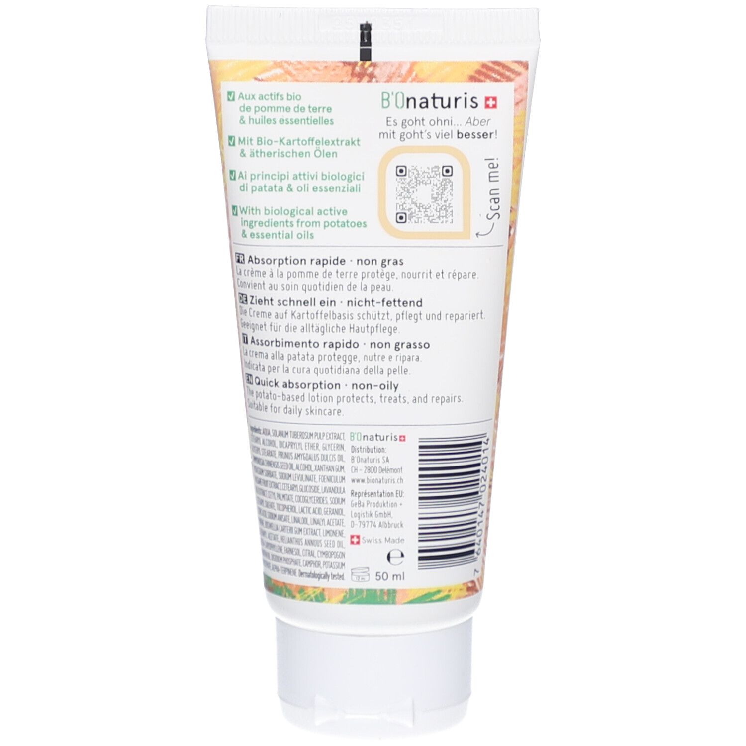 Dos du tube de crème. Texte multilingue. Code QR. Croix suisse. Contenu: 50 ml.
