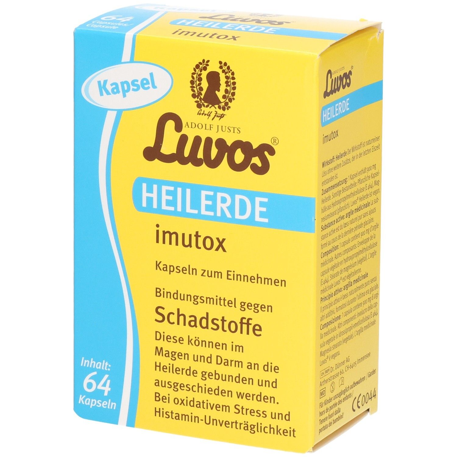 Luvos Heilerde Imutox Kapseln: Gelbe Faltschachtel mit blauen Akzenten, 64 Kapseln.