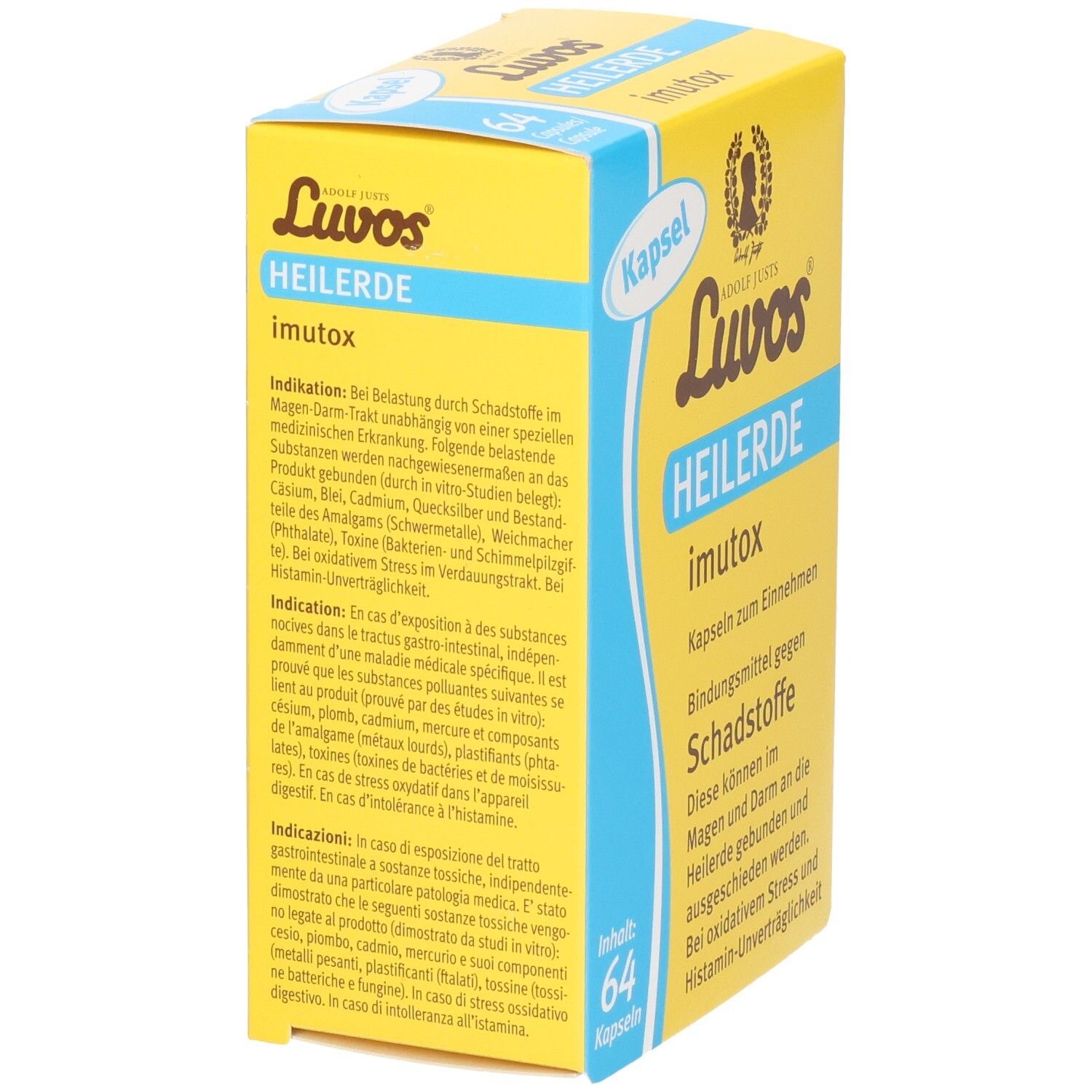 Luvos Heilerde Imutox Kapseln: Gelbe Faltschachtel, Vorder- und Seitenansicht, 64 Kapseln.