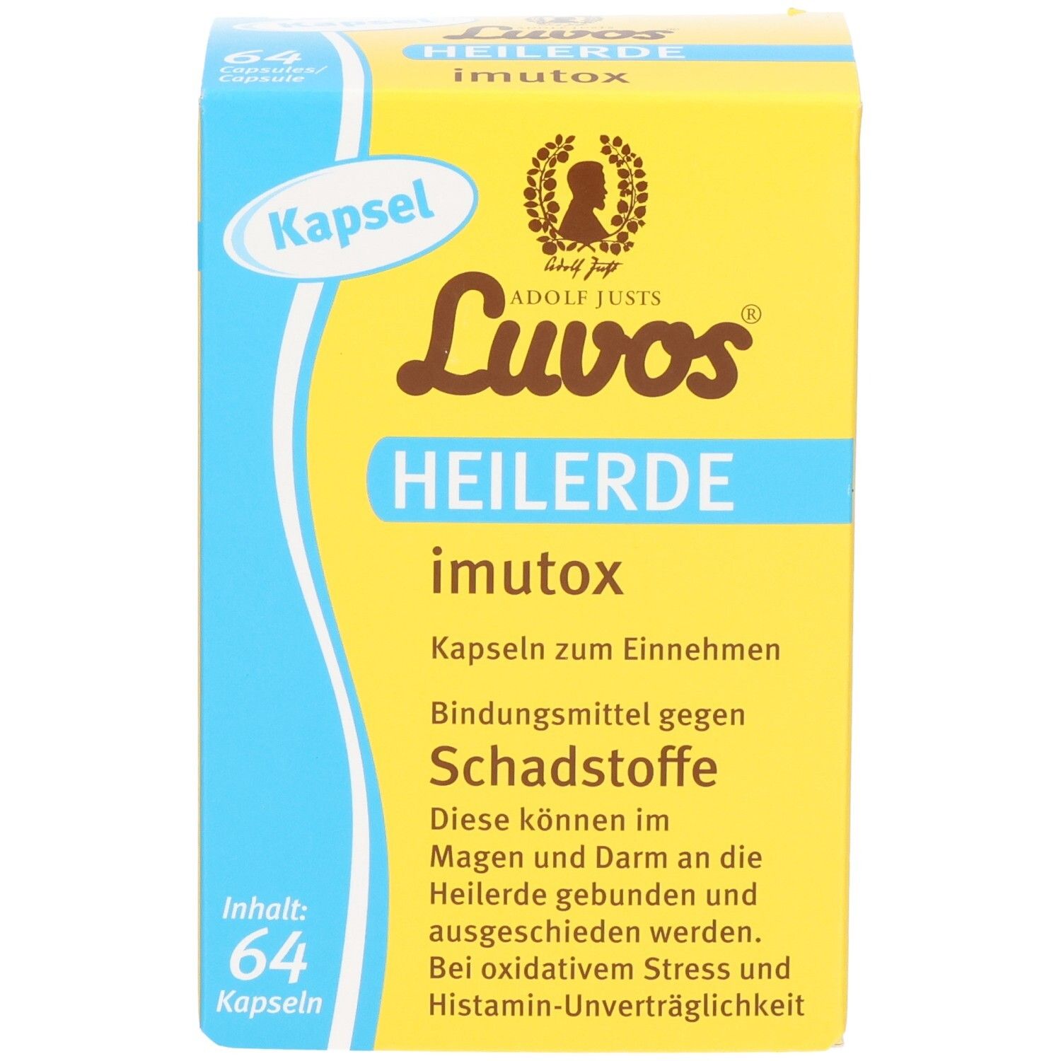 Luvos Heilerde Imutox Kapseln: Gelbe Faltschachtel mit blauen Akzenten, 64 Kapseln.