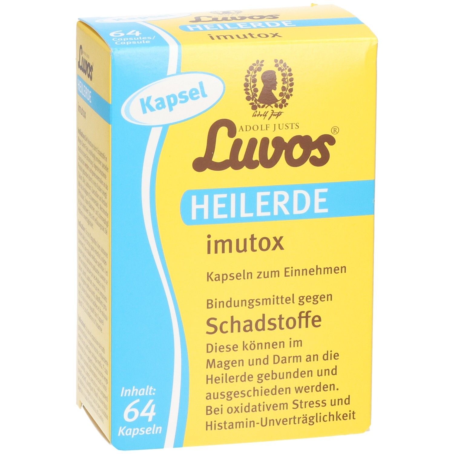 Luvos Heilerde Imutox Kapseln: Gelbe Faltschachtel mit blauen Akzenten, 64 Kapseln.