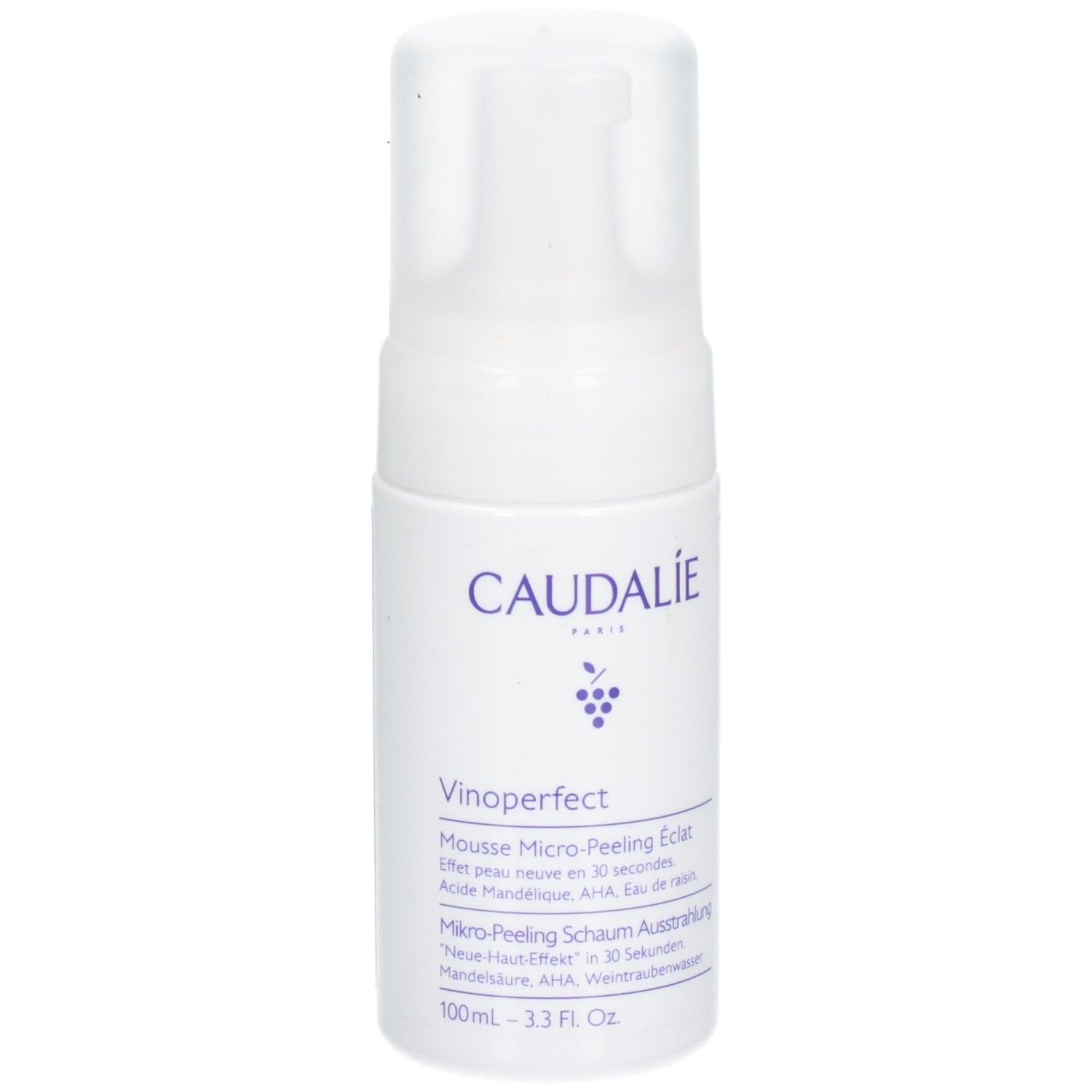 Weiße Flasche mit Pumpe. Aufschrift CAUDALIE, Vinoperfect, Mikro-Peeling Schaum. Enthält Mandelsäure, AHA, Eau de raisin.