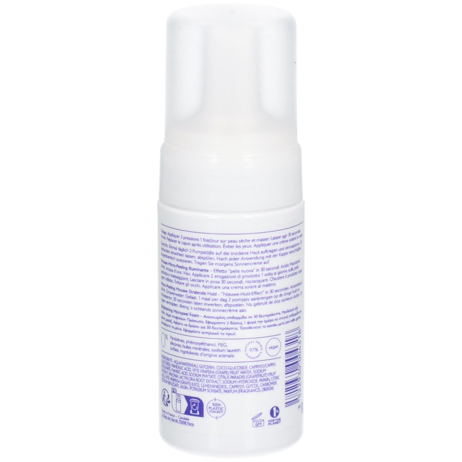 Rückansicht einer weißen Flasche mit Pumpe. Text in mehreren Sprachen. Enthält Informationen zu Inhaltsstoffen und Zertifizierungen.