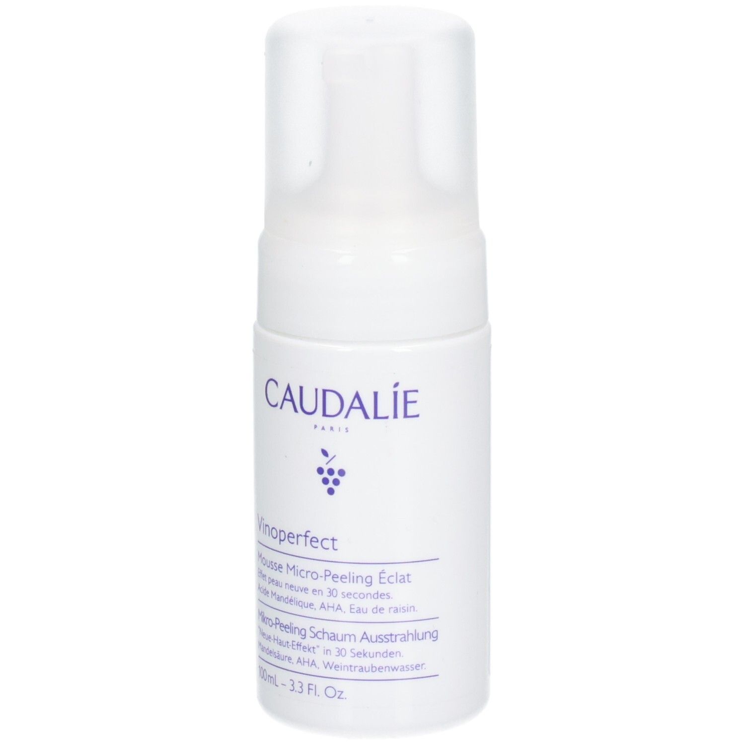 Weiße Flasche mit Pumpe. Aufschrift CAUDALIE, Vinoperfect, Mikro-Peeling Schaum. Enthält Mandelsäure, AHA, Eau de raisin.