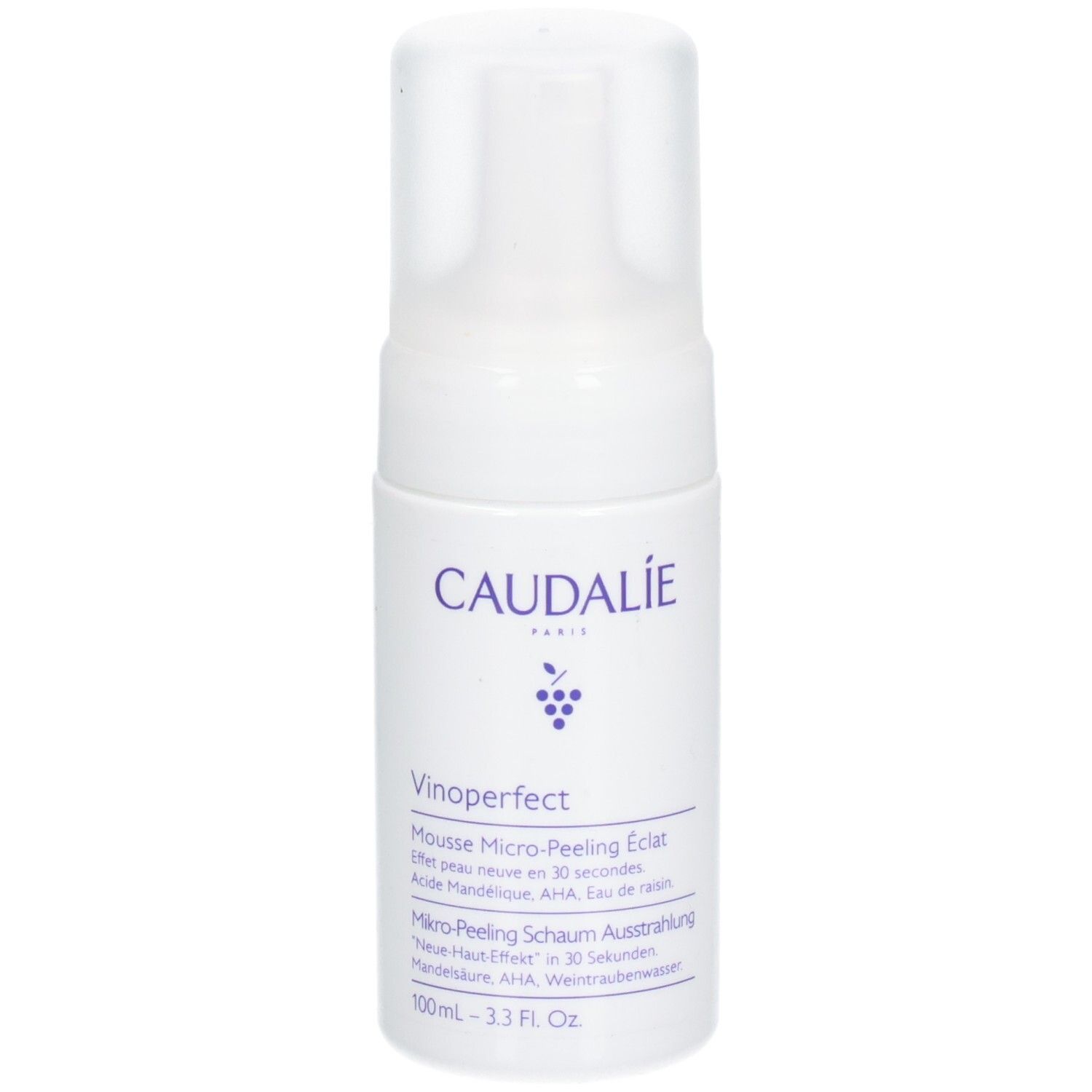 Weiße Flasche mit Pumpe. Aufschrift CAUDALIE, Vinoperfect, Mikro-Peeling Schaum. Enthält Mandelsäure, AHA, Eau de raisin.