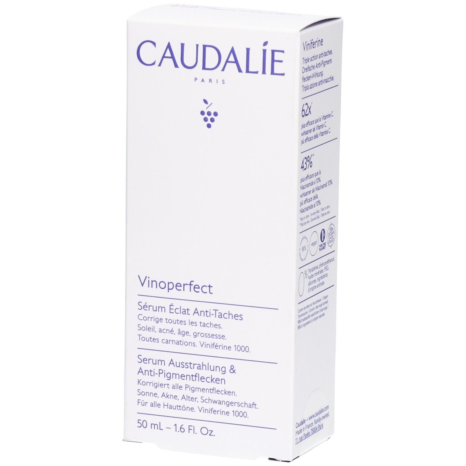 Weiße Verpackung mit Aufschrift CAUDALIE, Vinoperfect und Produktinformationen.