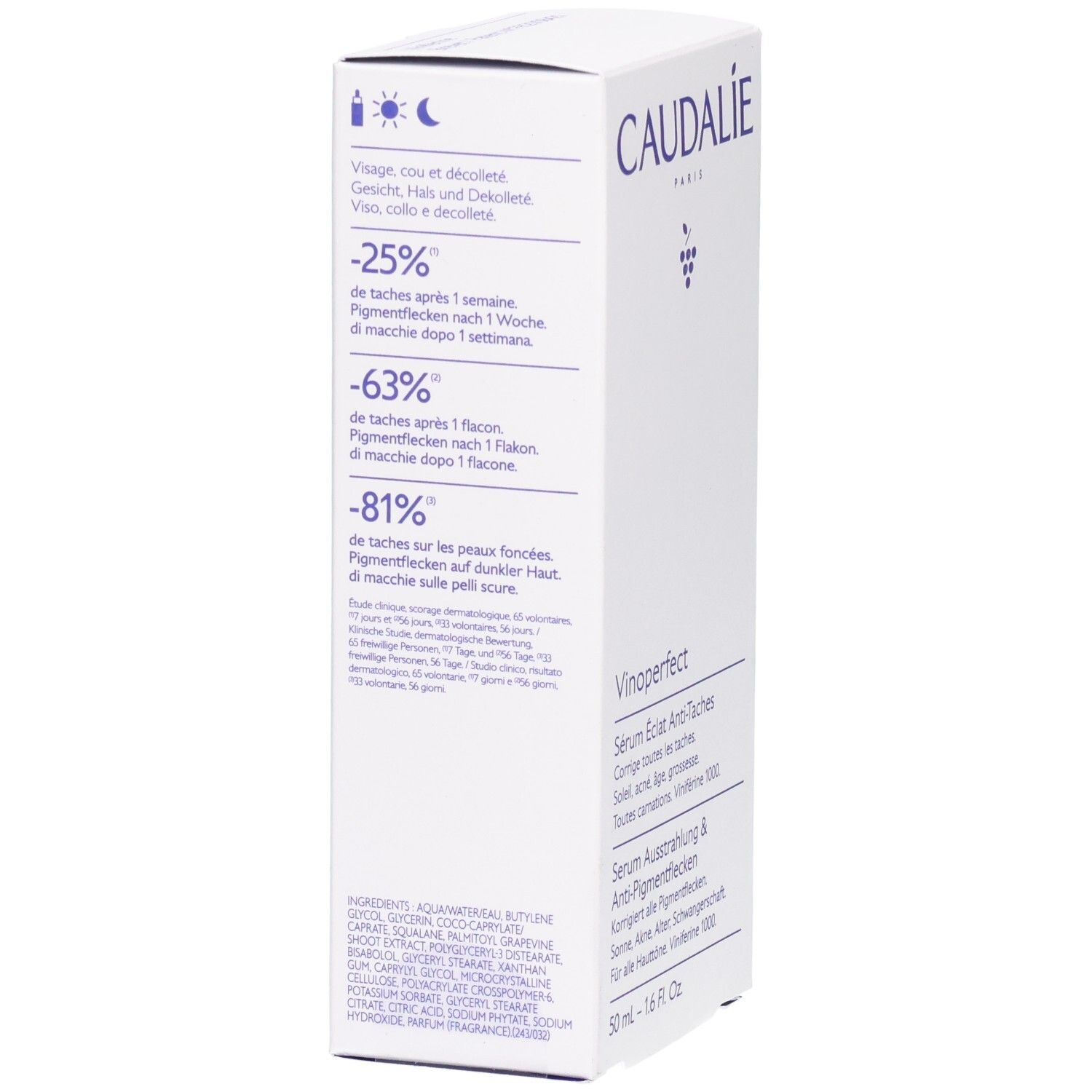 Weiße Verpackung, Rückseite mit Produktinformationen und Inhaltsstoffen.
