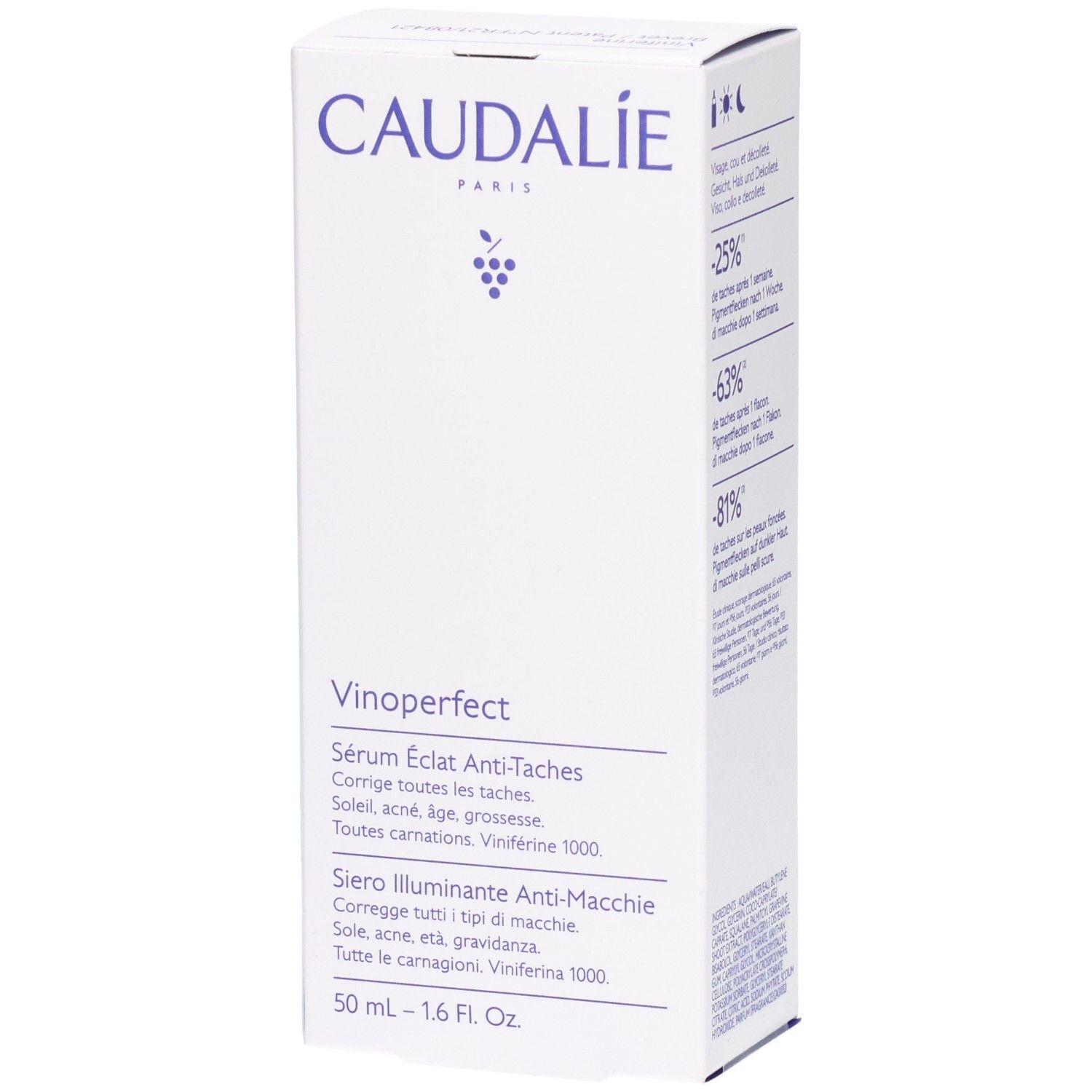 Weiße Verpackung mit Aufschrift CAUDALIE, Vinoperfect und Produktinformationen.