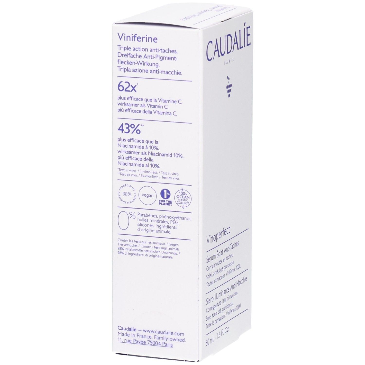 Weiße Verpackung mit Aufschrift CAUDALIE, Vinoperfect und Produktinformationen.