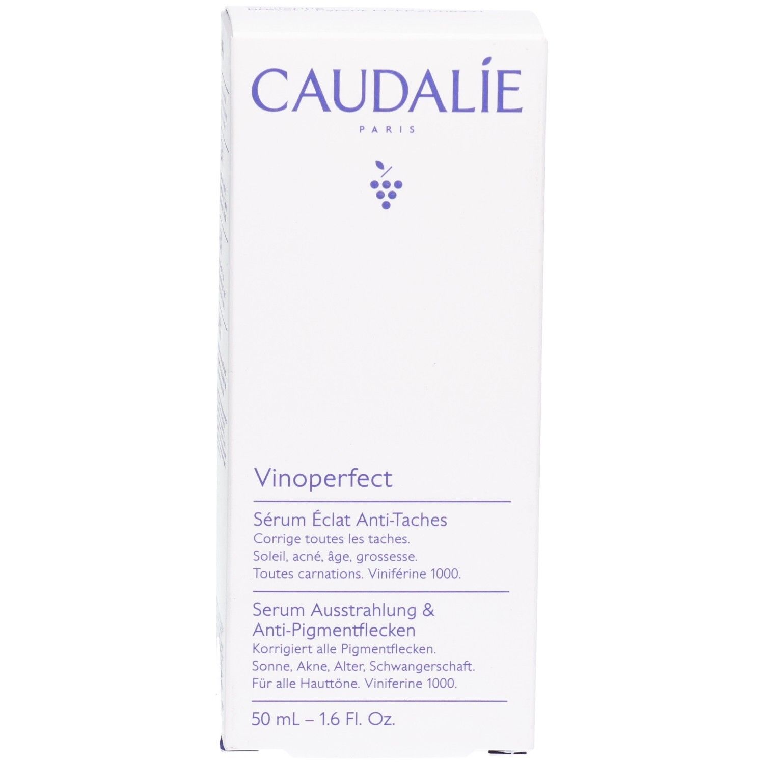 Weiße Verpackung mit Aufschrift CAUDALIE, Vinoperfect und Produktinformationen.