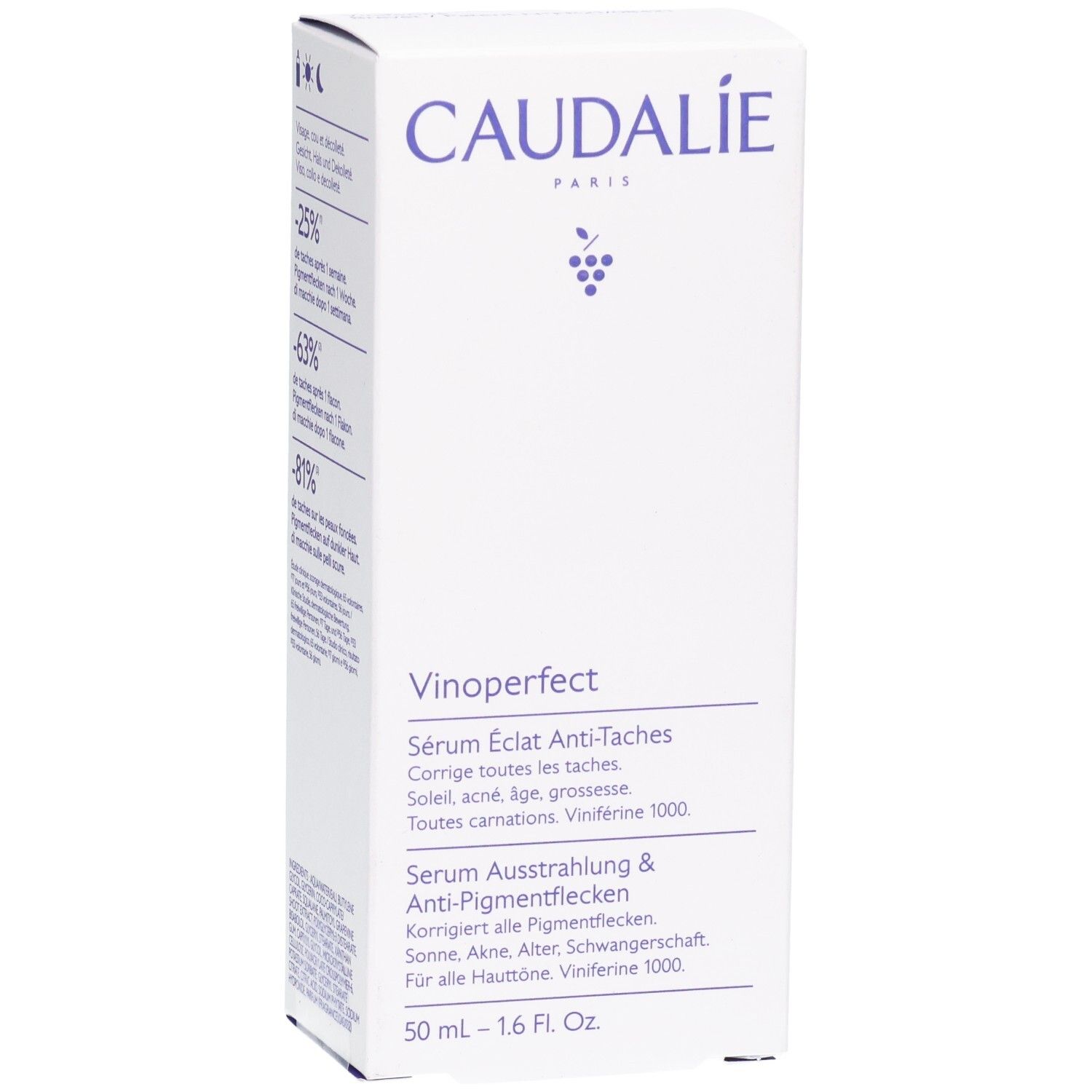 Weiße Verpackung mit Aufschrift CAUDALIE, Vinoperfect und Produktinformationen.
