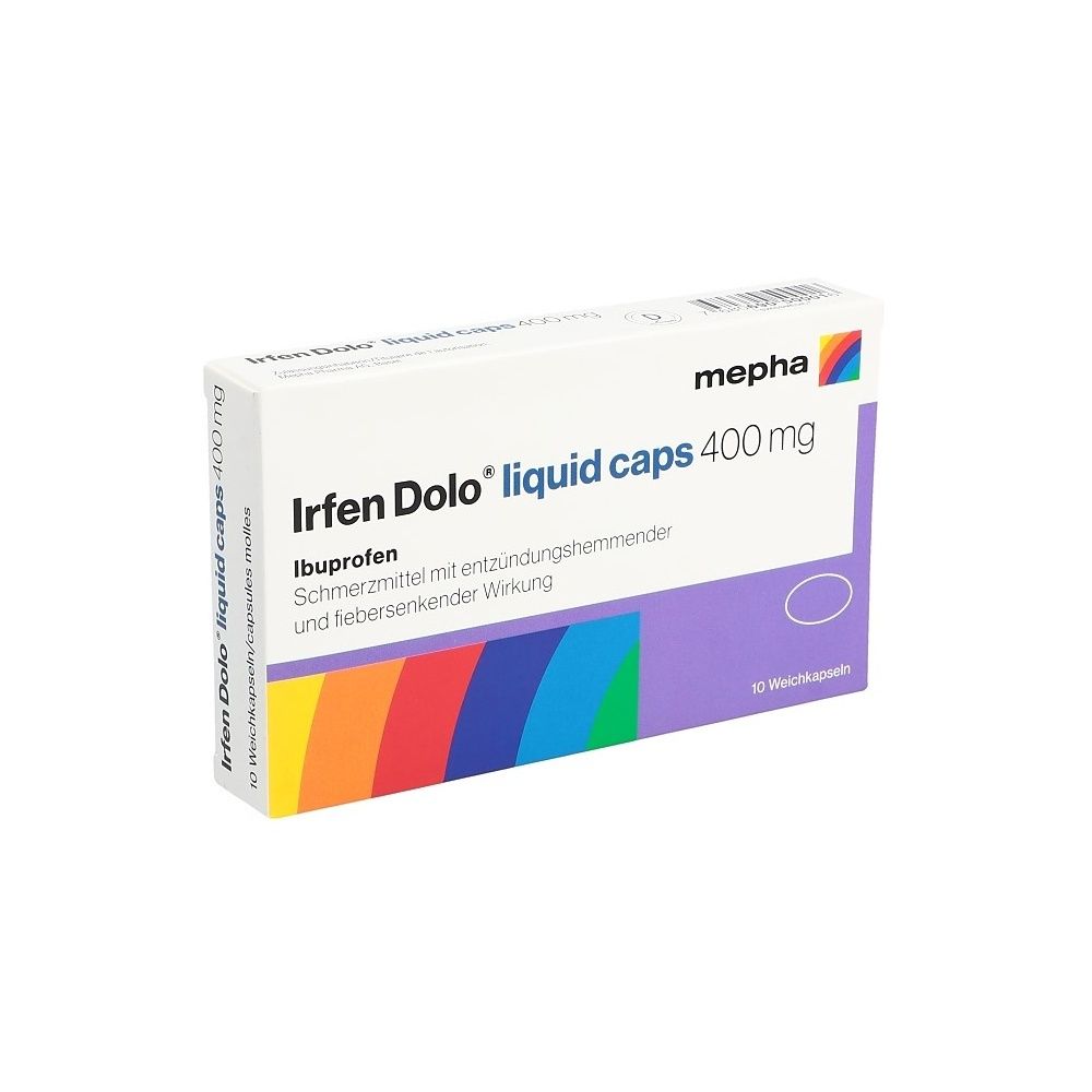 Boîte de Irfen Dolo liquid caps 400 mg. Blanche, violette et arc-en-ciel. Inscription : Irfen Dolo liquid caps 400 mg, Ibuprofène.