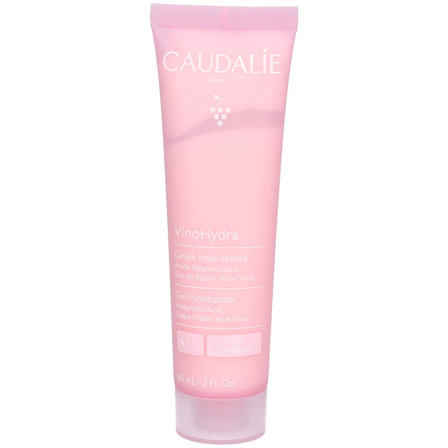 Rosa Tube mit weißer Schrift. Enthält Gel. Marke Caudalie. Aufschrift: VinoHydra, Gelée Hydratante, Hyaluronsäure, Aloe Vera.