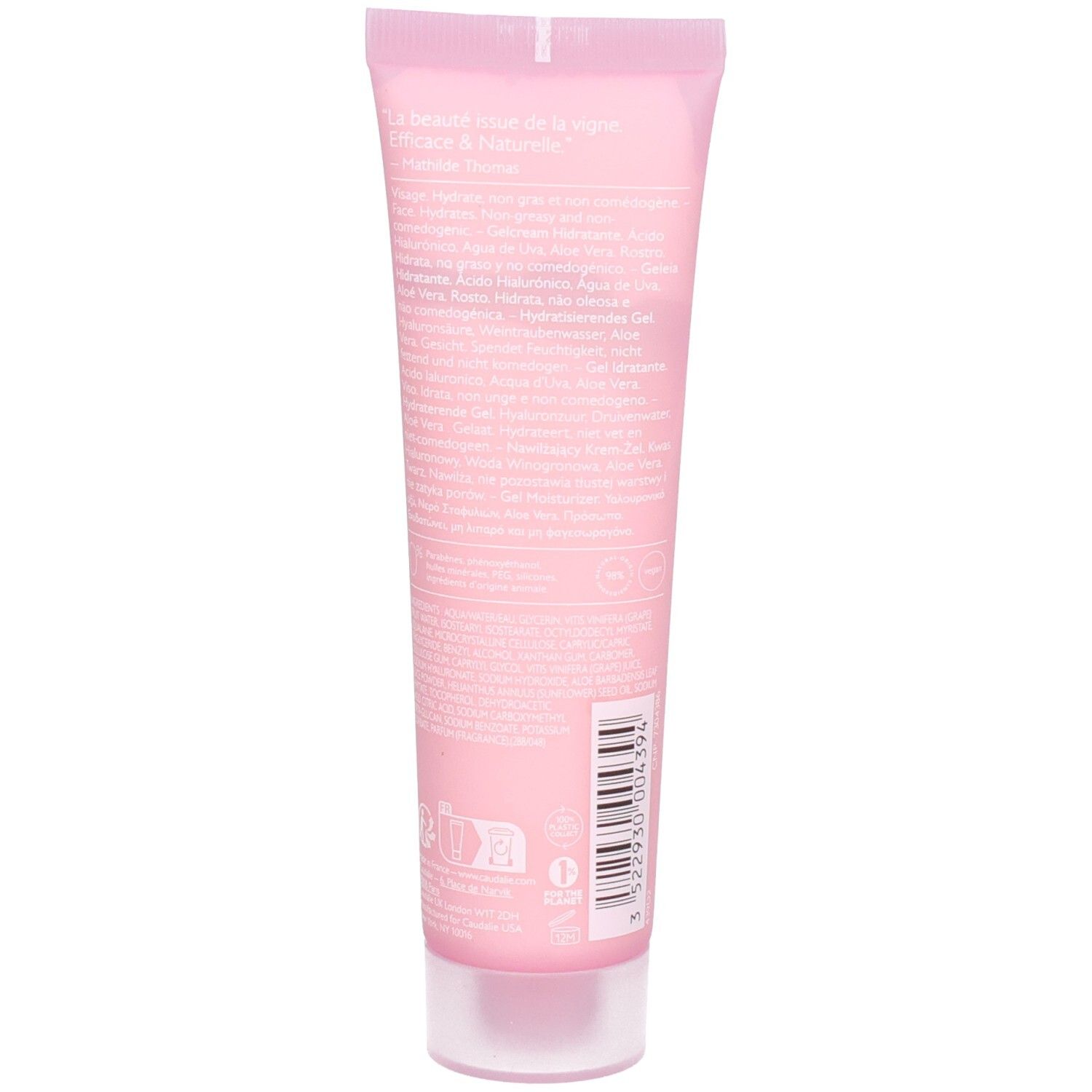 Rosa Tube mit weißer Schrift. Rückseite mit Text. Enthält Gel. Marke Caudalie. Aufschrift: VinoHydra, Gelée Hydratante, Hyaluronsäure, Aloe Vera.