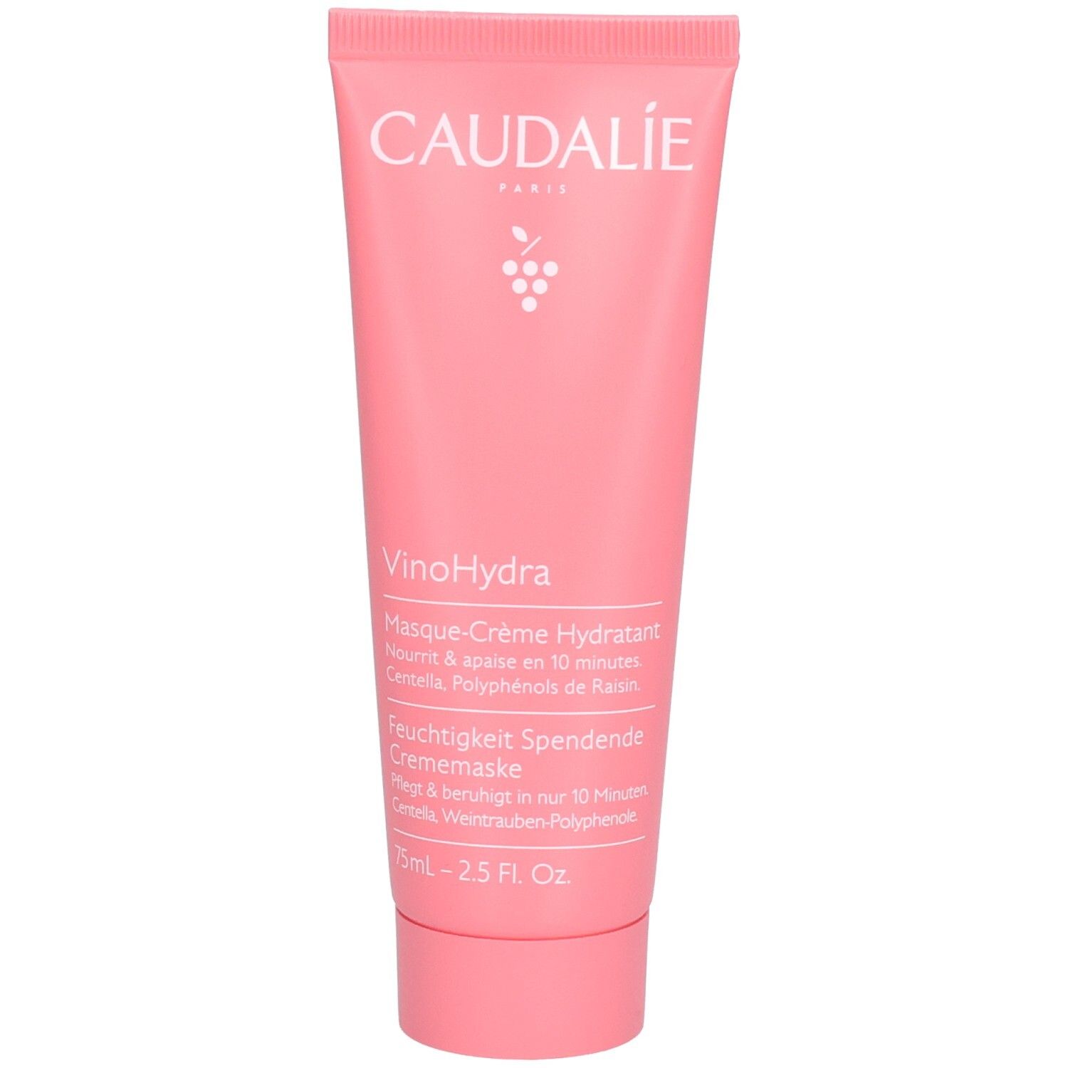 Tube rose avec texte blanc. Contient Caudalie VinoHydra Moisturizing Mask. Texte: Feuchtigkeit spendende Crememaske, 75ml.