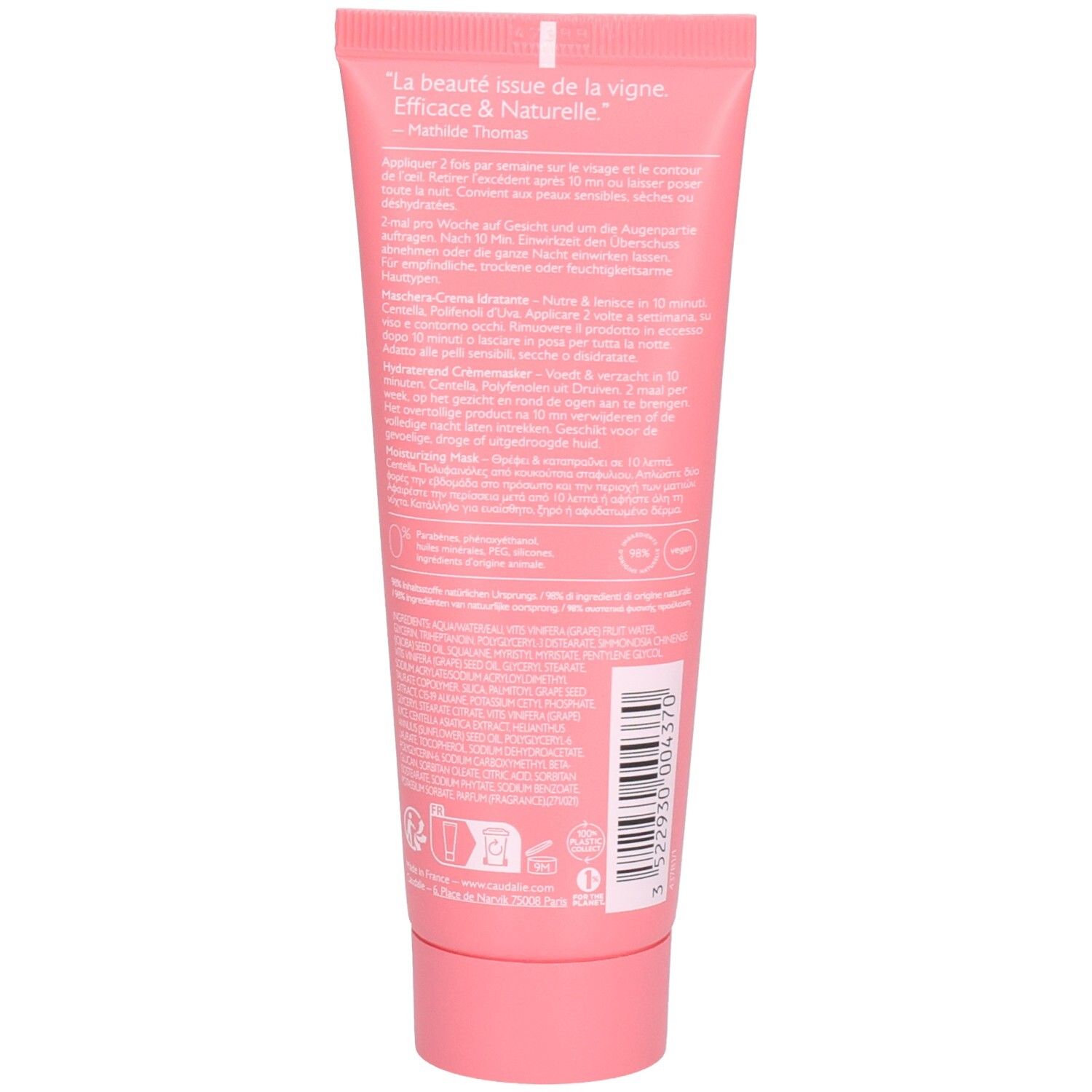 Dos d'un tube rose. Texte en blanc. Contient des informations sur le produit et les ingrédients.