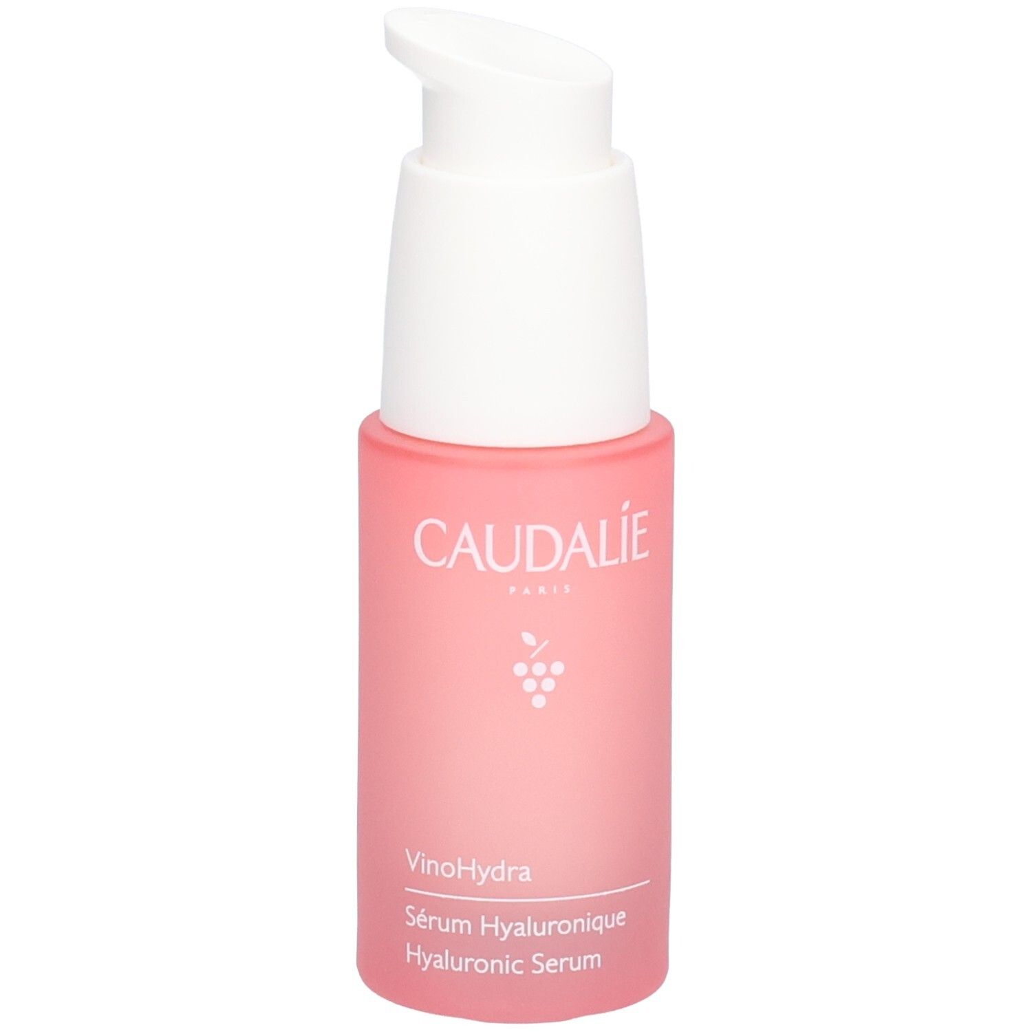 Flacon rose avec pompe blanche. Logo Caudalie et nom du produit visibles. Contient de l'acide hyaluronique.