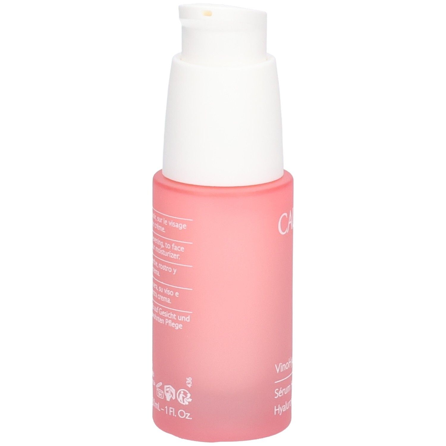 Flacon rose avec pompe blanche. Dos avec texte. Contient de l'acide hyaluronique. Logo Caudalie non visible.