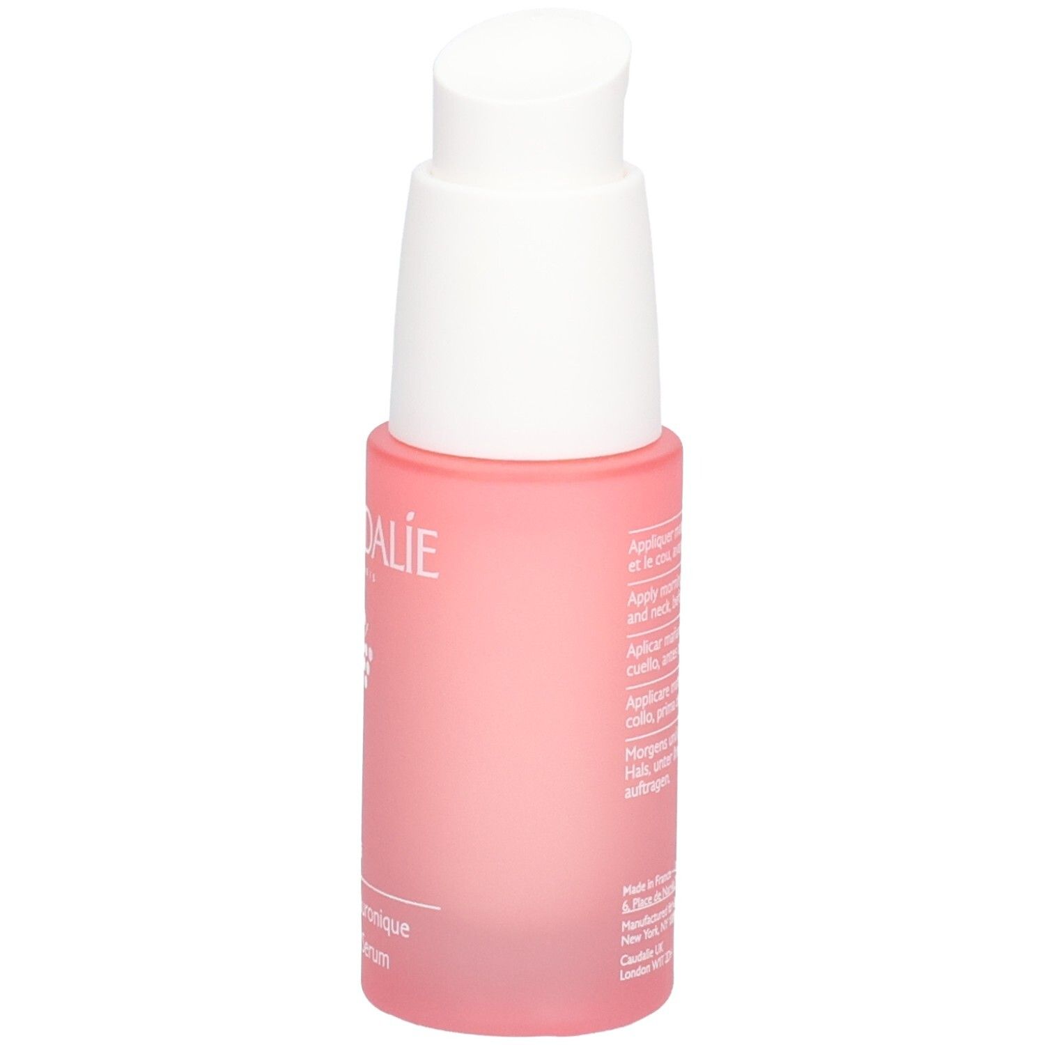 Flacon rose avec pompe blanche. Dos avec texte. Contient de l'acide hyaluronique. Logo Caudalie non visible.