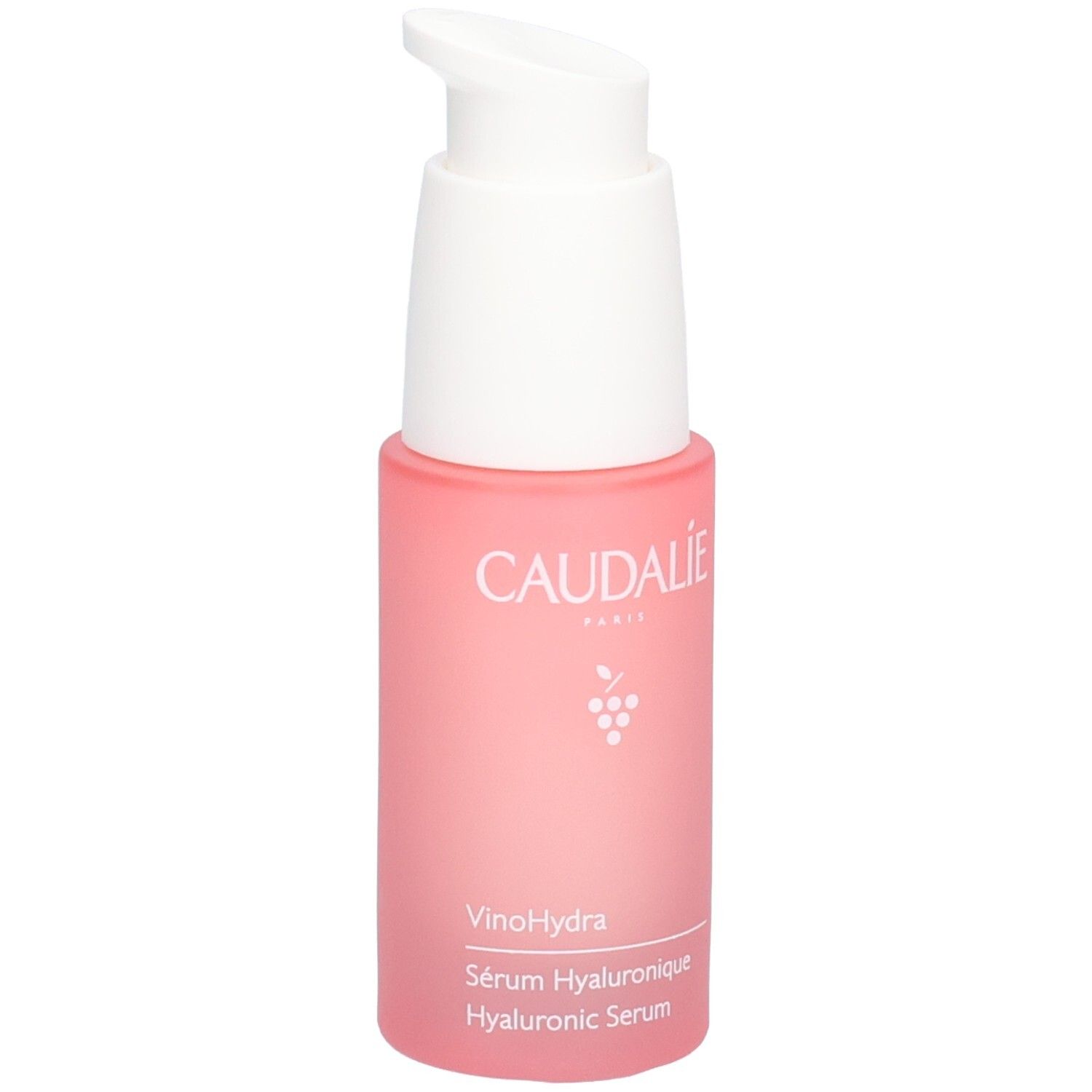 Flacon rose avec pompe blanche. Logo Caudalie et nom du produit visibles. Contient de l'acide hyaluronique.