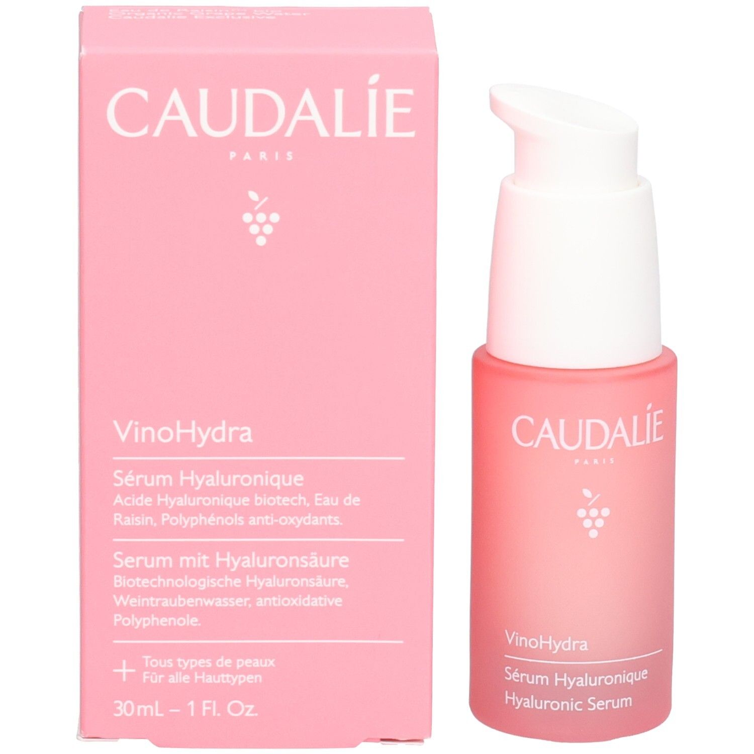 Boîte rose et flacon avec pompe blanche. Logo Caudalie et nom du produit visibles. 30ml.