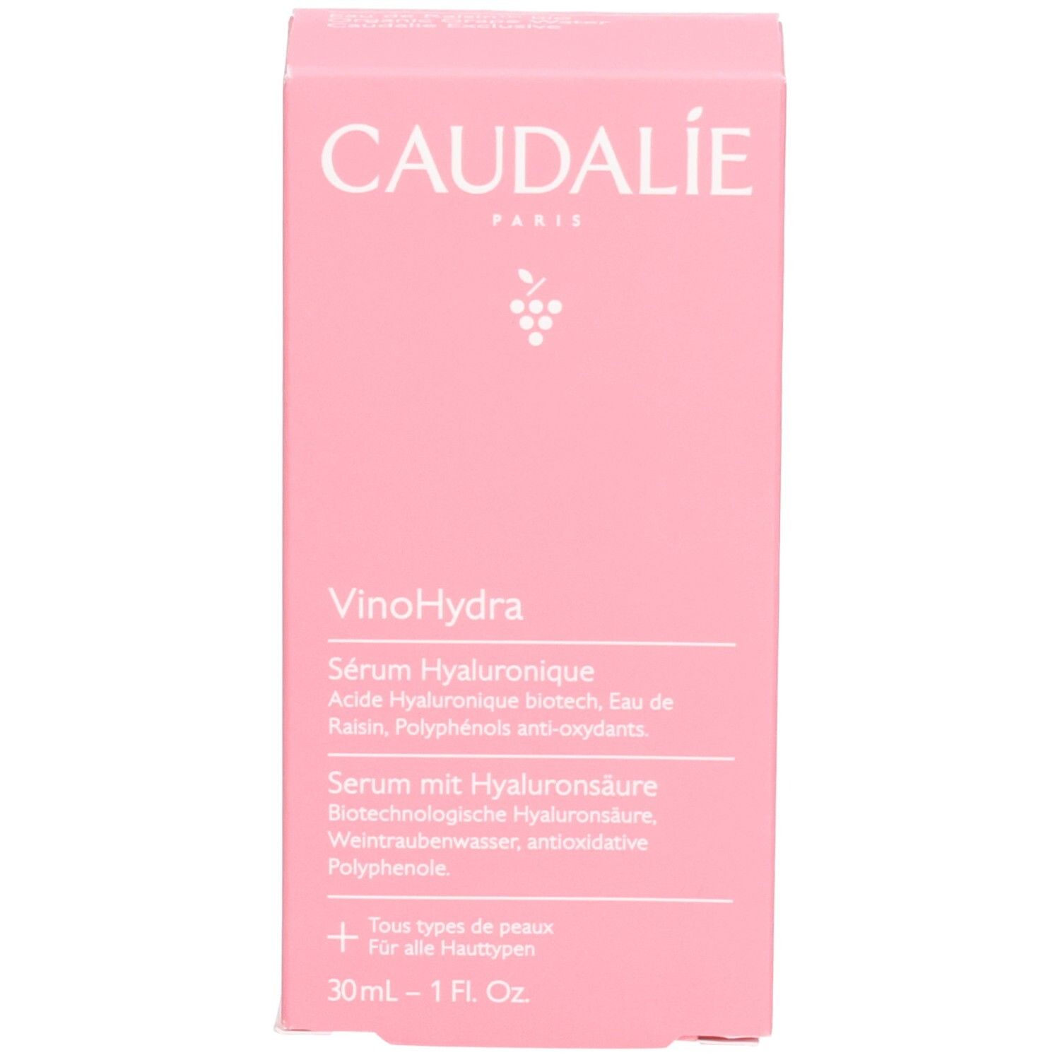 Boîte rose avec logo Caudalie et informations produit. Contient de l'acide hyaluronique. 30ml.