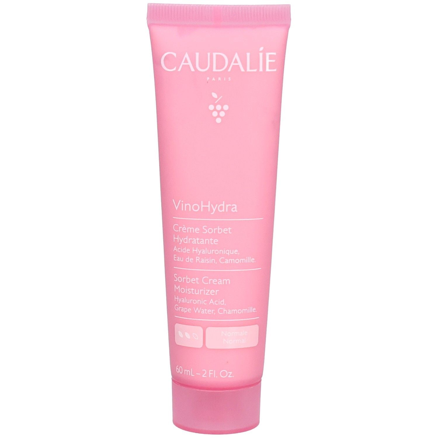 Tube rose avec texte blanc. "CAUDALIE PARIS" en haut. En dessous, "VinoHydra Crème Sorbet Hydratante". En bas, "Sorbet Cream Moisturizer".