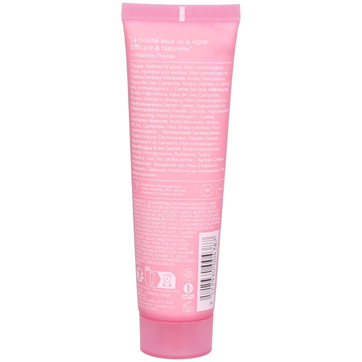 Tube rose, dos avec texte. En haut, "La beauté issue de la vigne. Efficace & Naturelle". En dessous, texte multilingue.