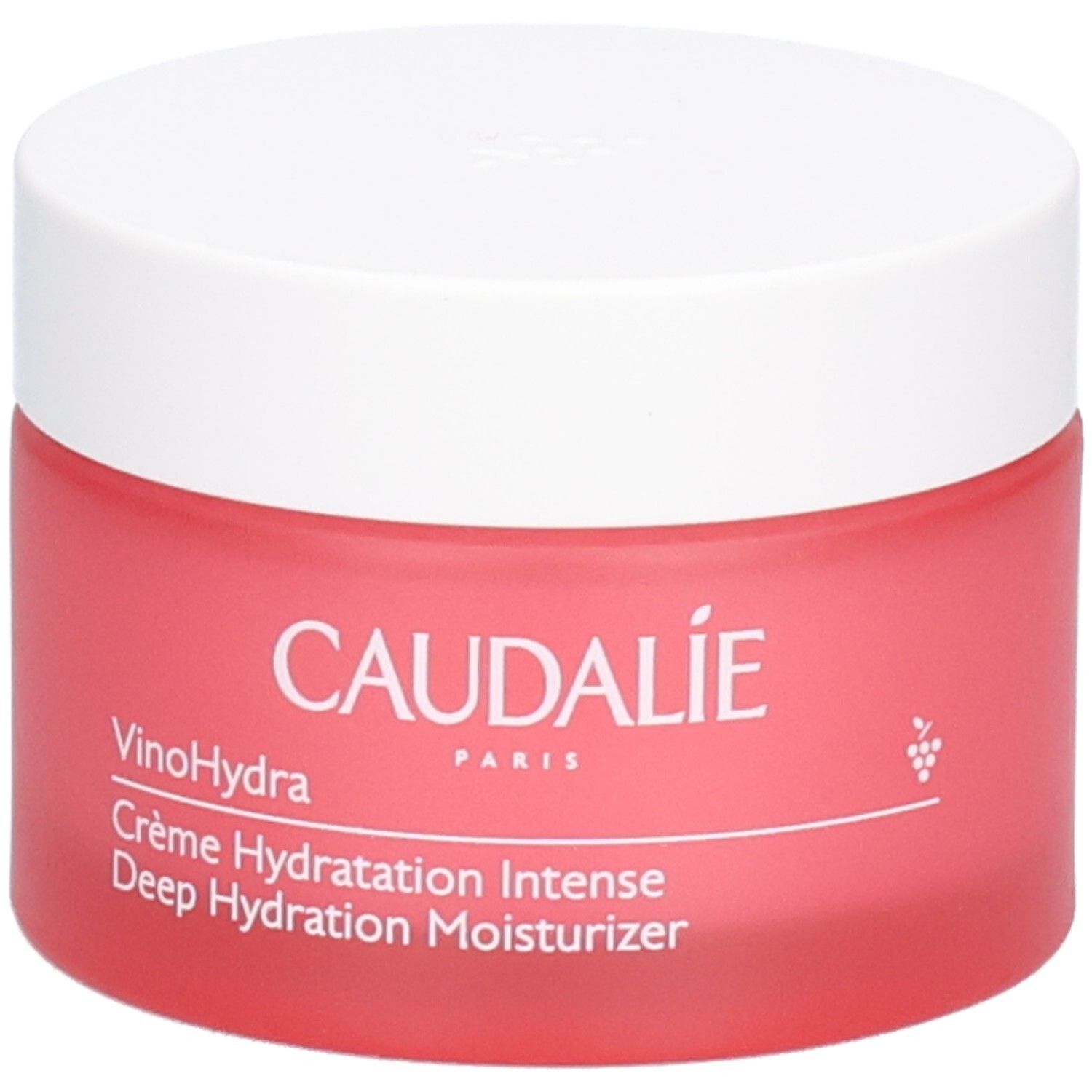 Pot rouge avec couvercle blanc. Inscription: CAUDALIE PARIS, VinoHydra, Crème Hydratation Intense, Deep Hydration Moisturizer.