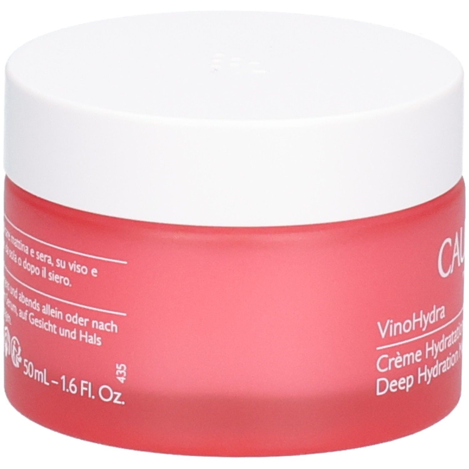 Pot rouge avec couvercle blanc. Inscription: CAUDALIE PARIS, VinoHydra, Crème Hydratation Intense, Deep Hydration Moisturizer.
