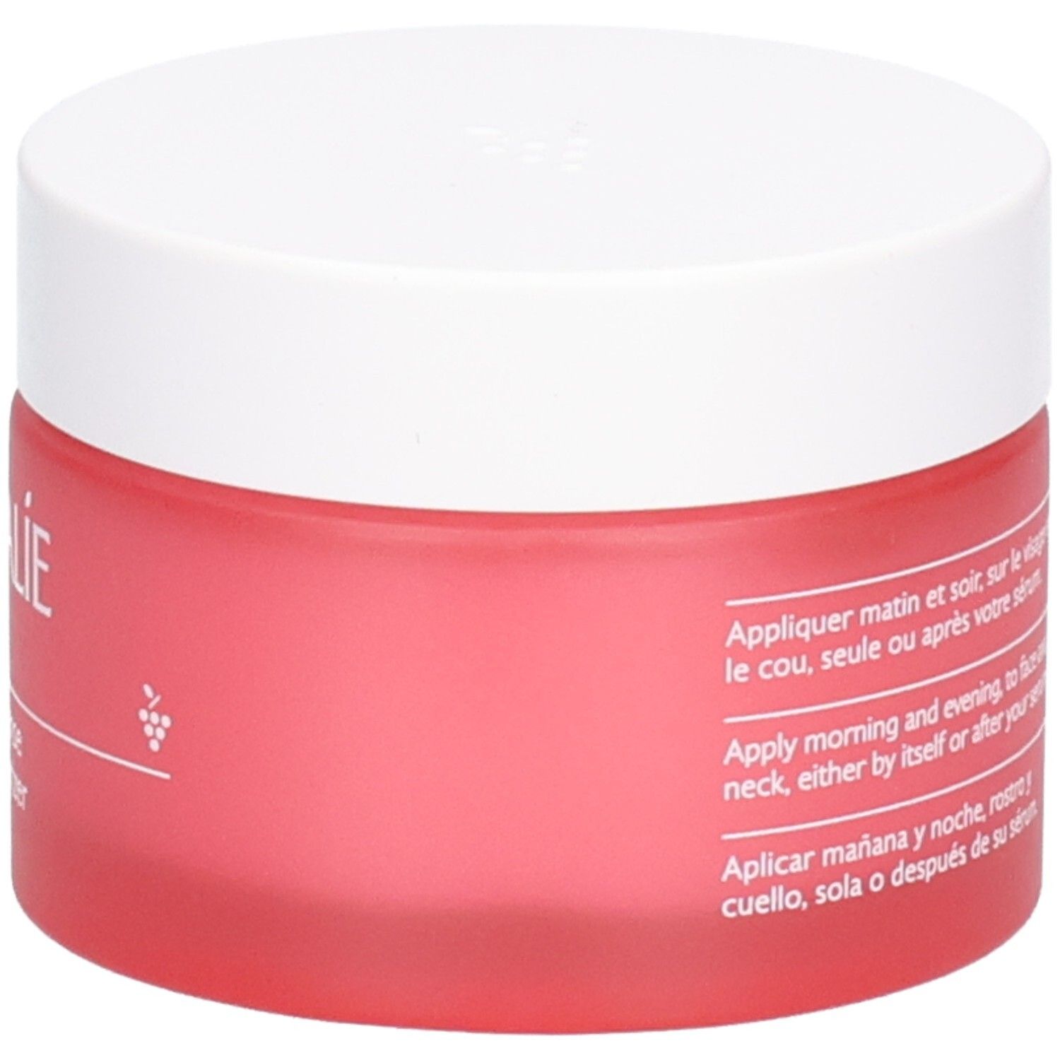 Pot rouge avec couvercle blanc. Inscription: CAUDALIE PARIS, VinoHydra, Crème Hydratation Intense, Deep Hydration Moisturizer.