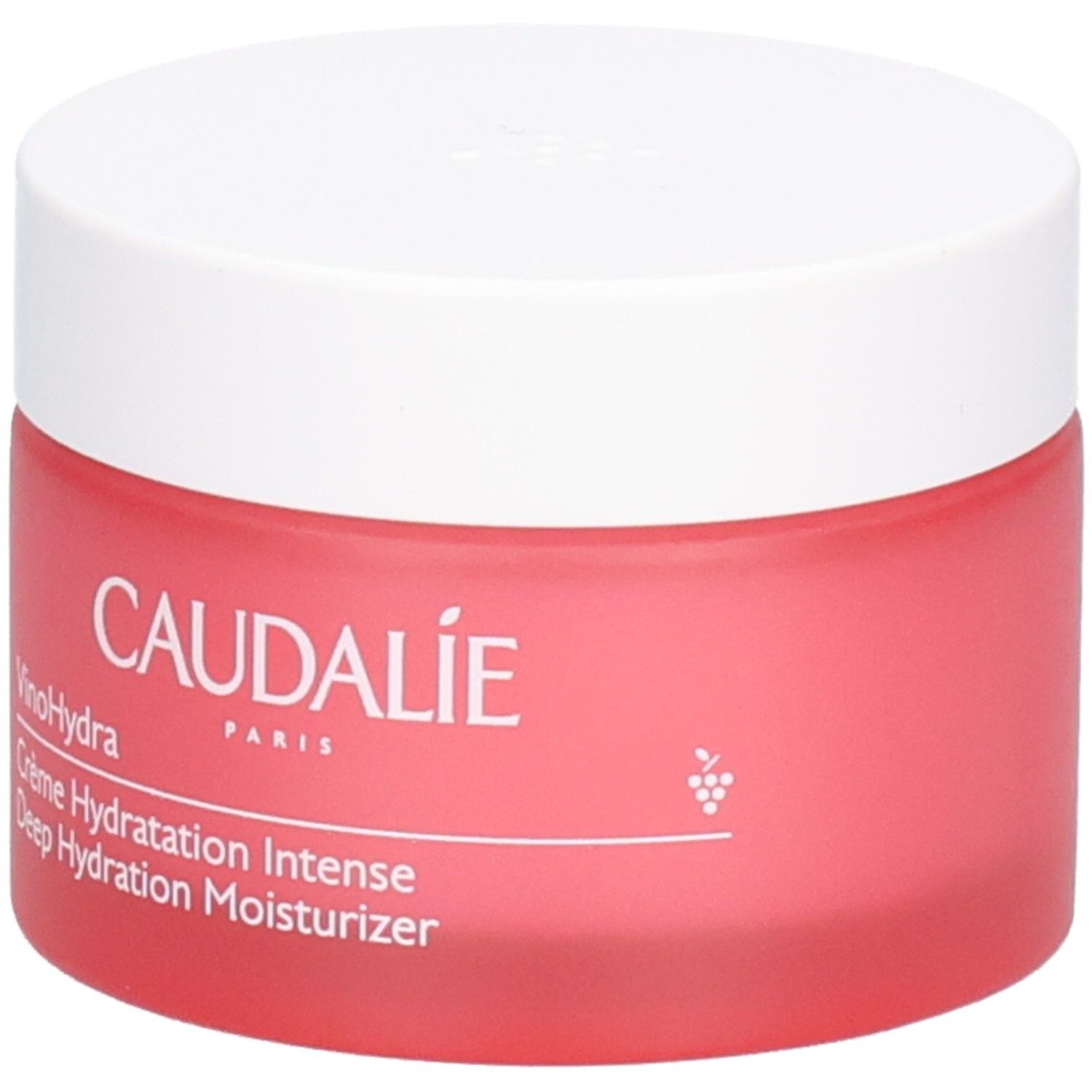 Pot rouge avec couvercle blanc. Inscription: CAUDALIE PARIS, VinoHydra, Crème Hydratation Intense, Deep Hydration Moisturizer.