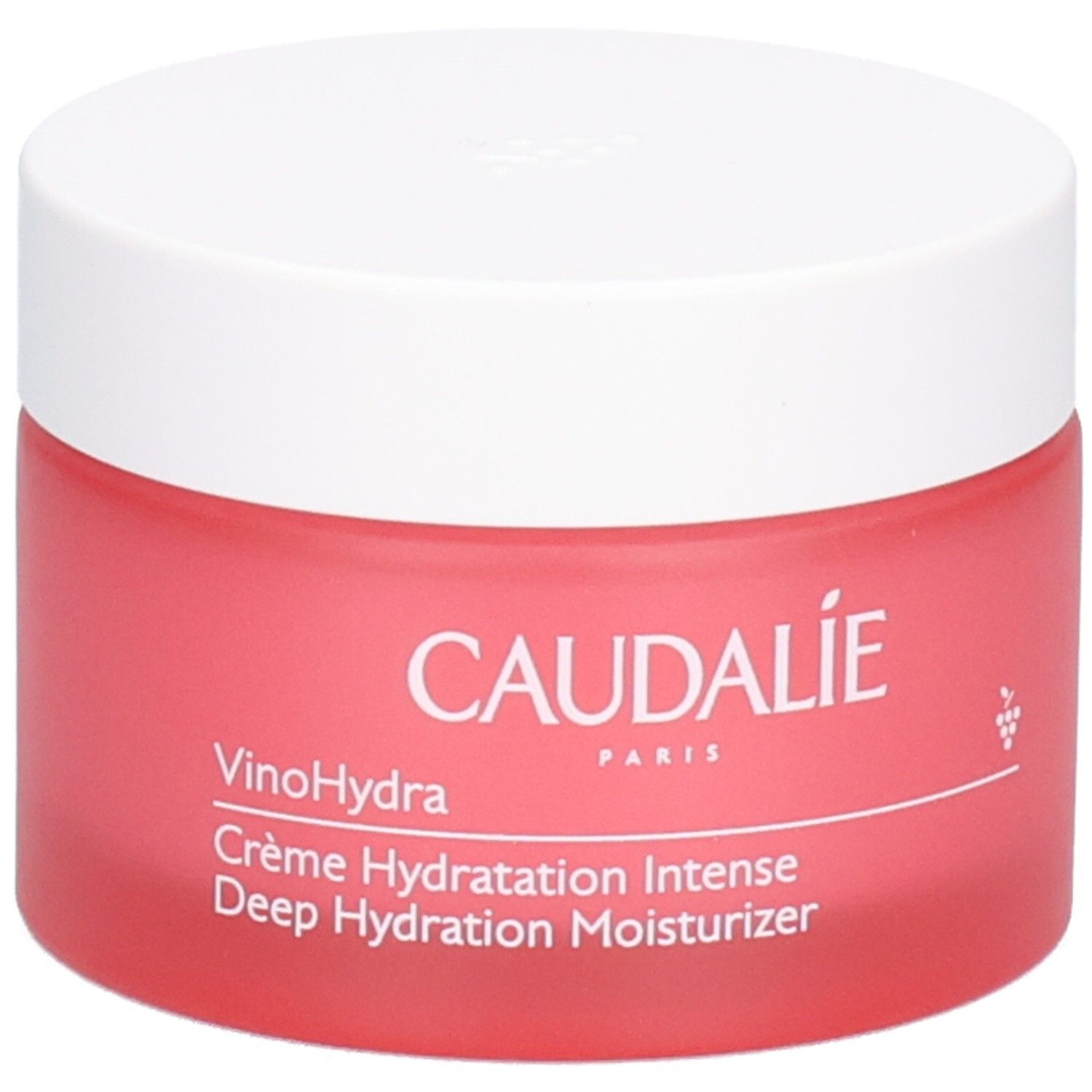 Pot rouge avec couvercle blanc. Inscription: CAUDALIE PARIS, VinoHydra, Crème Hydratation Intense, Deep Hydration Moisturizer.